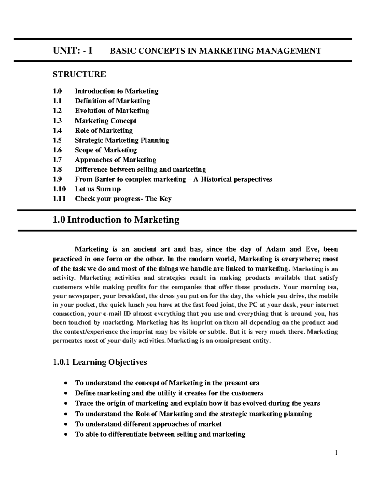 Marketing management - It's lecture notes - UNIT: - I BASIC CONCEPTS IN ...