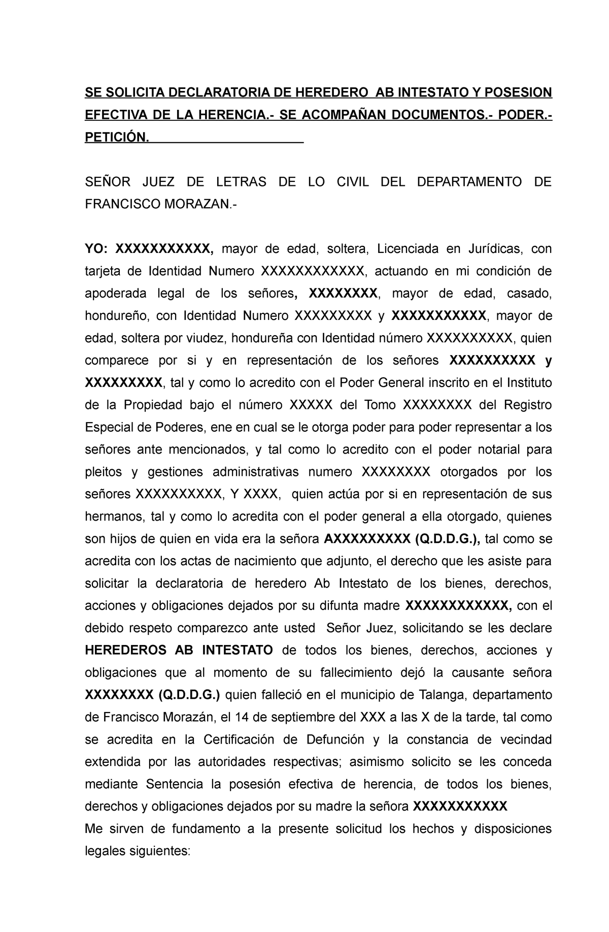 Se Solicita Declaratoria De Heredero Ab Intestato Y Posesion Efectiva De La Herencia Se 3266