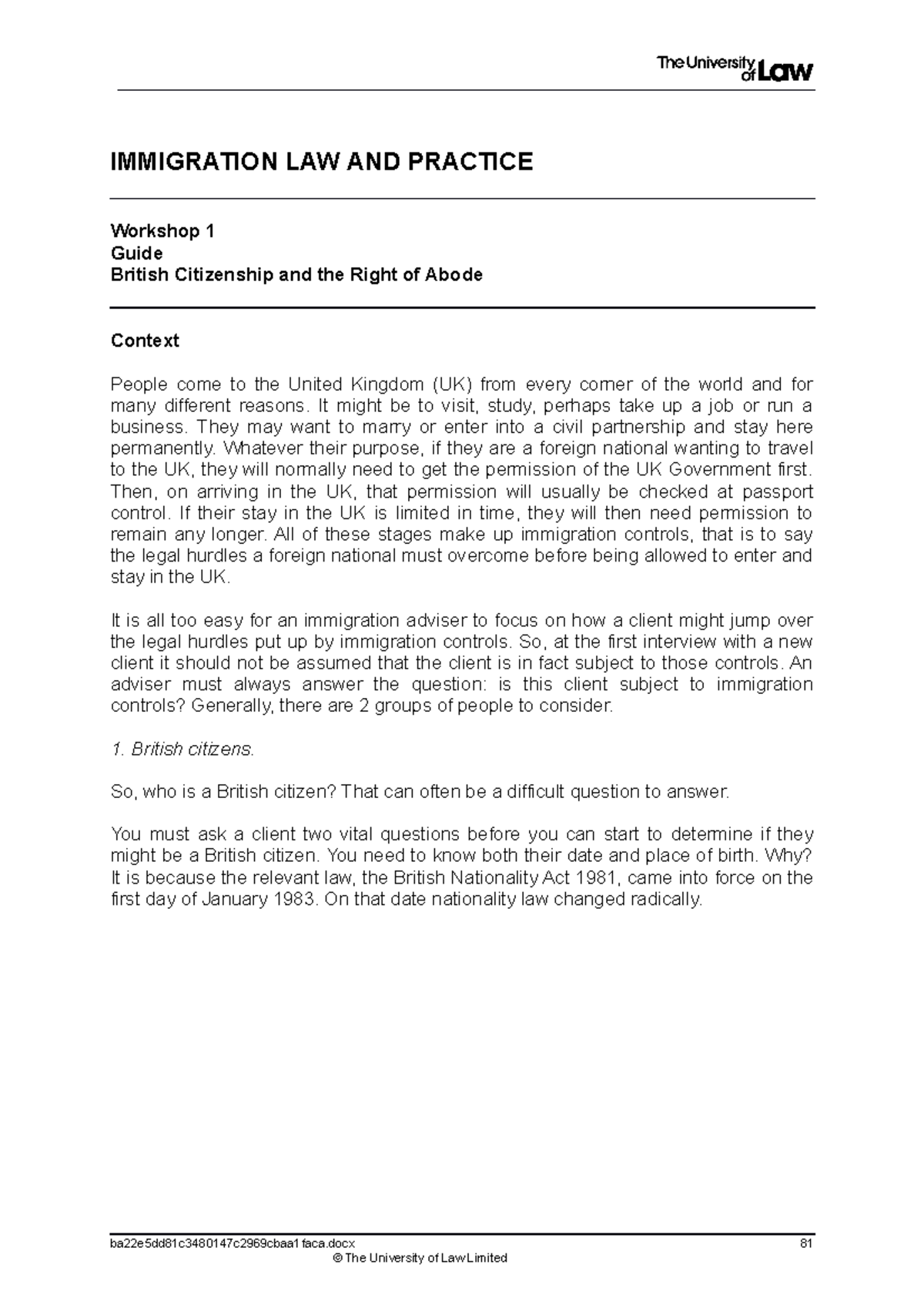 1920 imm ws01 ce01 guide t - IMMIGRATION LAW AND PRACTICE Workshop 1 ...