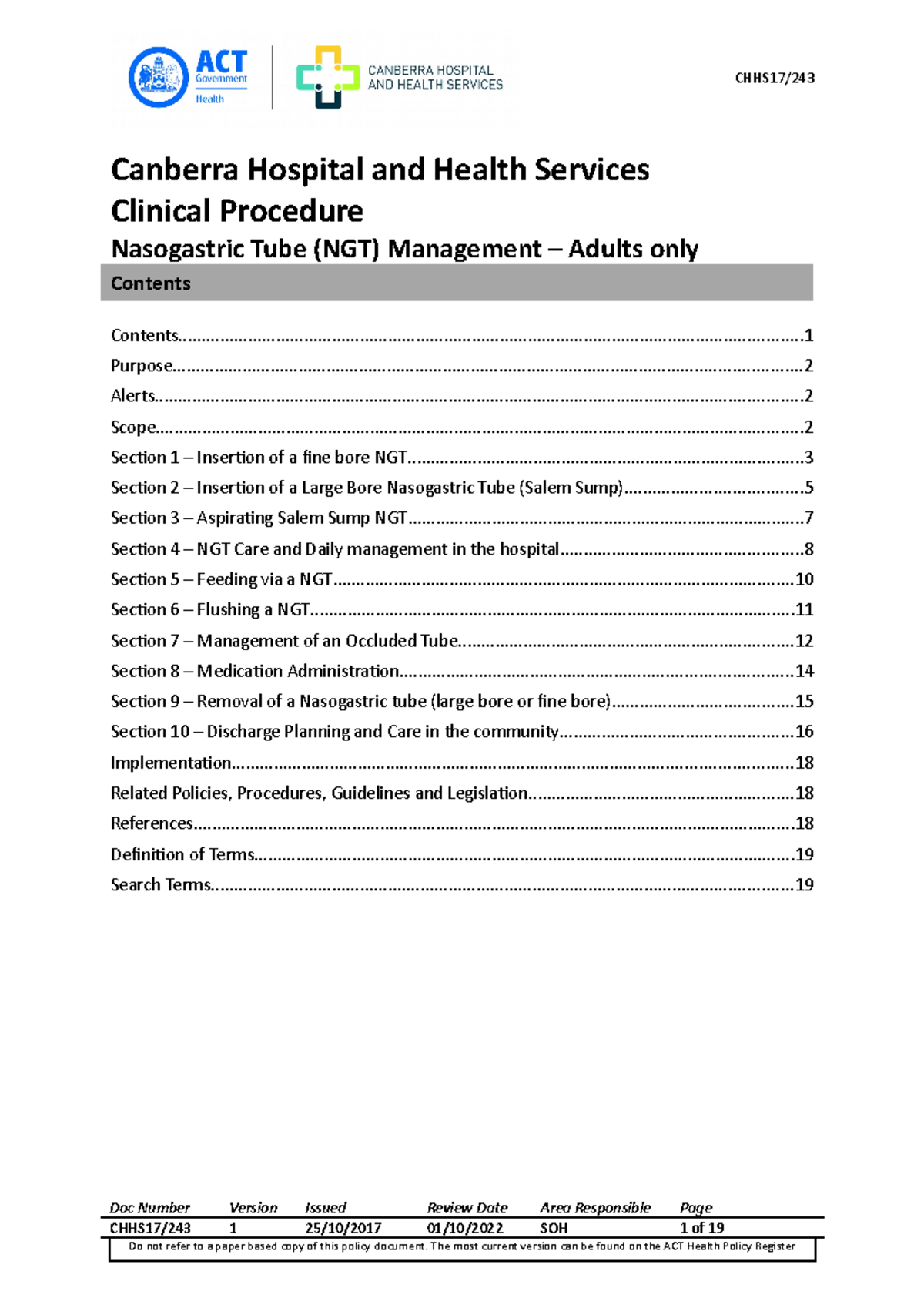 Nasogastric Tube (NGT) Management Adults – Only - Canberra Hospital and ...