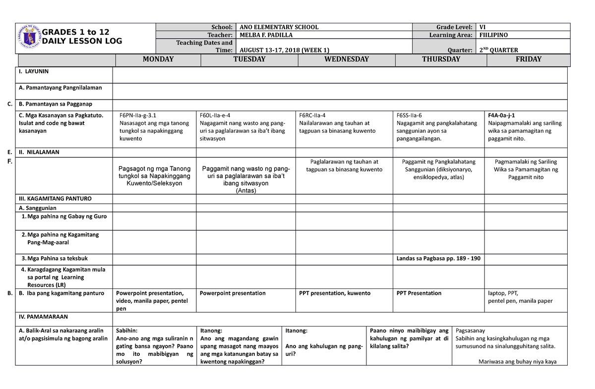 DLL Filipino 6 Q2 W1 - GRADES 1 To 12 DAILY LESSON LOG School: ANO ...