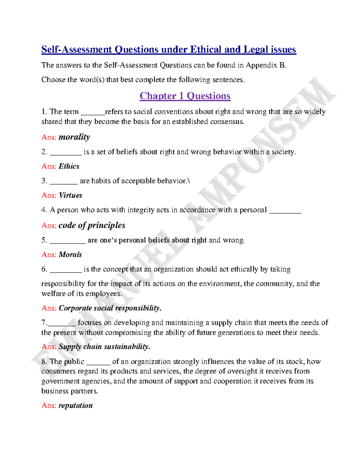 Ethics MCQS database concerpt 2 SelfAssessment Questions under