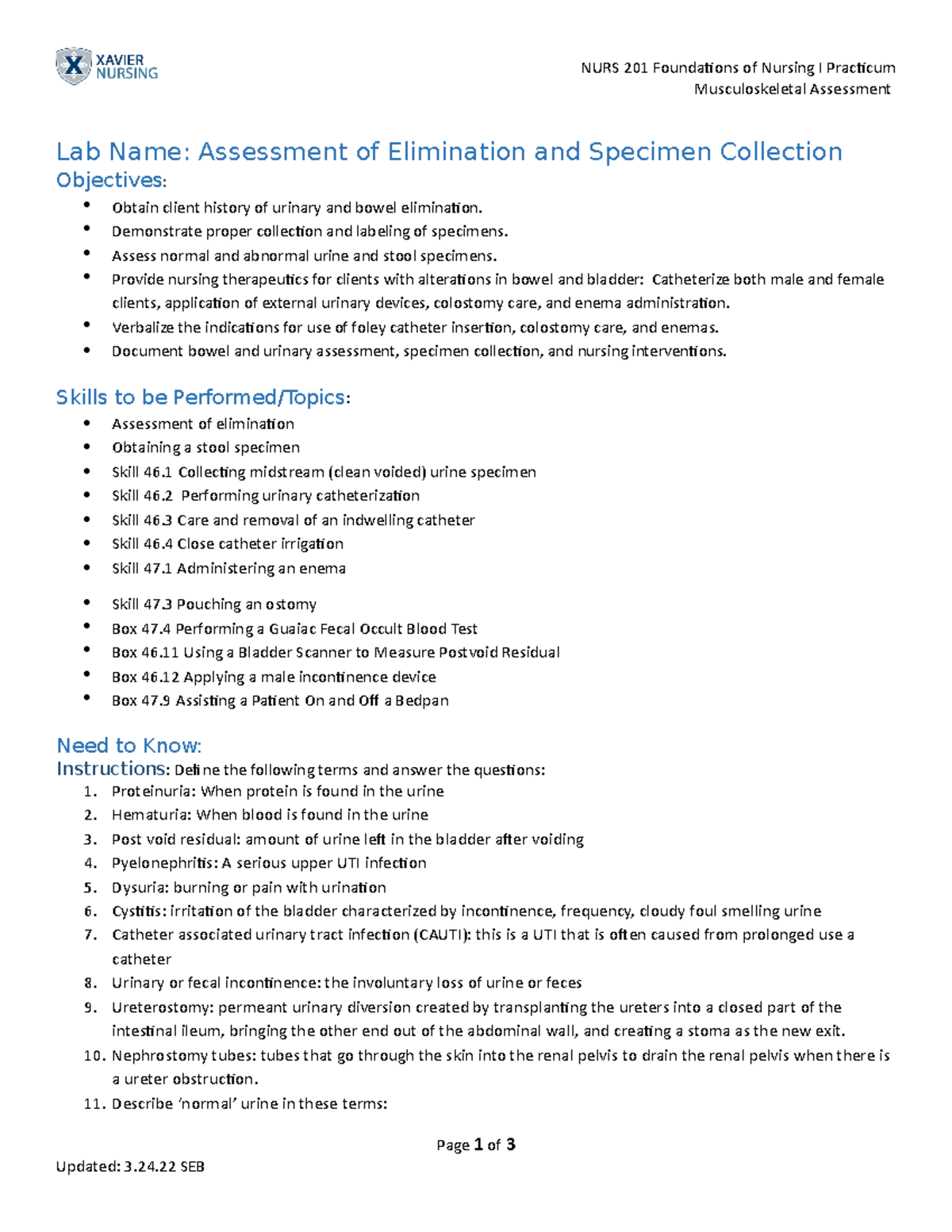 Elimination and Specimen Collection Lab Guide NURS 201 Foundations of
