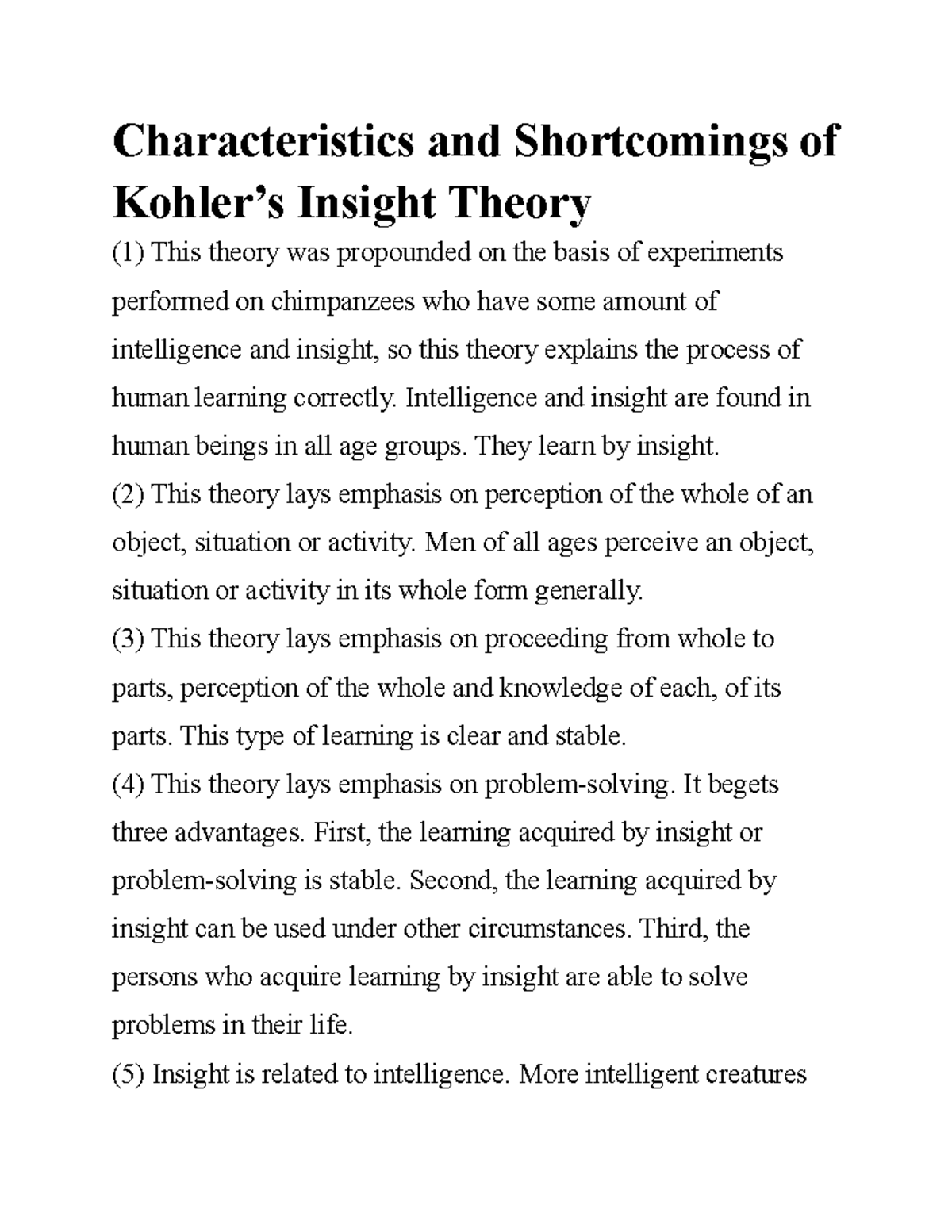 Characteristics and Shortcomings of Kohler’s Insight Theory ...