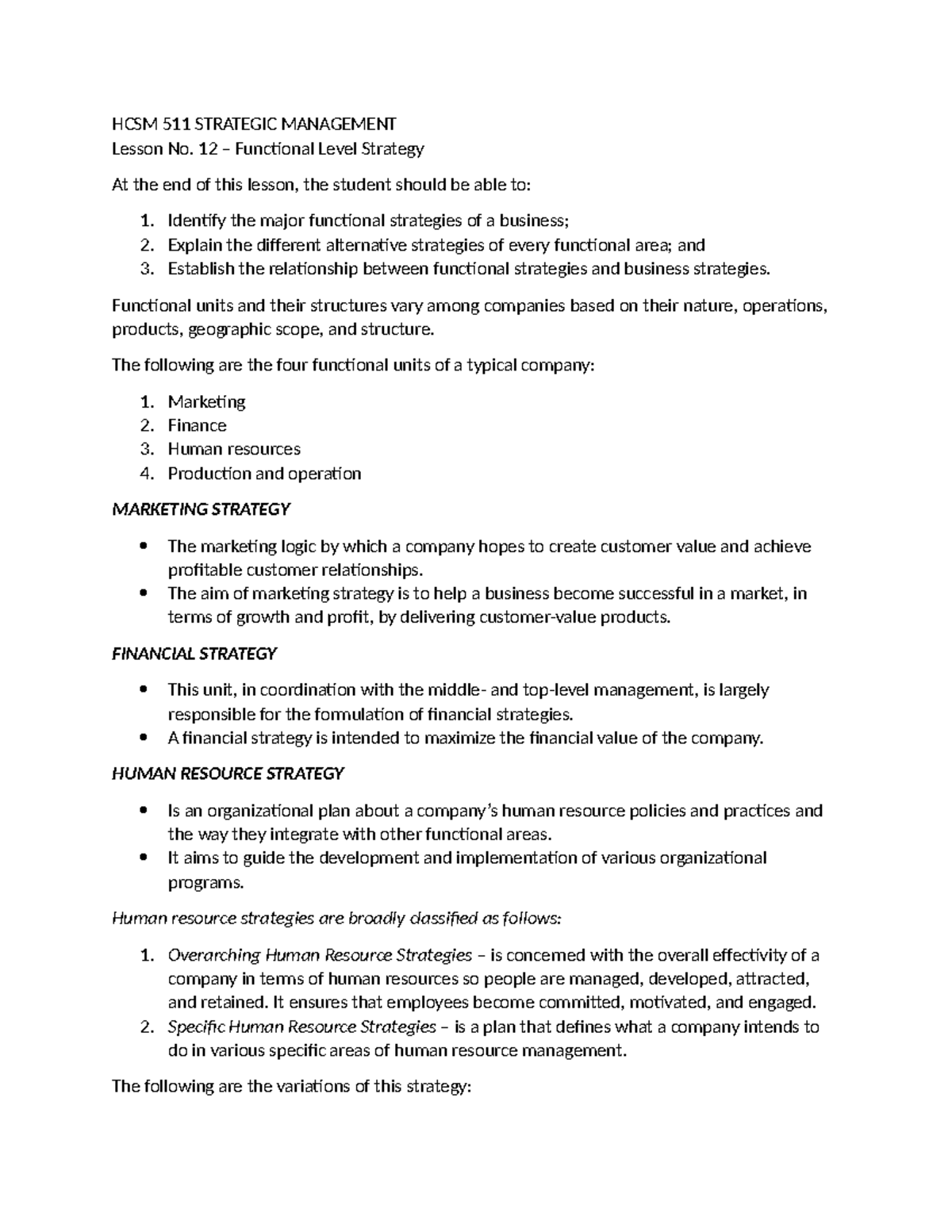 Strategic- Management-L9 - HCSM 511 STRATEGIC MANAGEMENT Lesson No. 12 ...