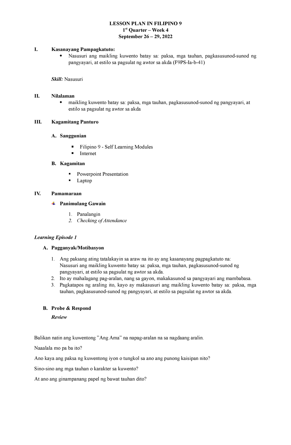 lesson-plan-filipino-9-episode-4-lesson-plan-in-filipino-9-1-st