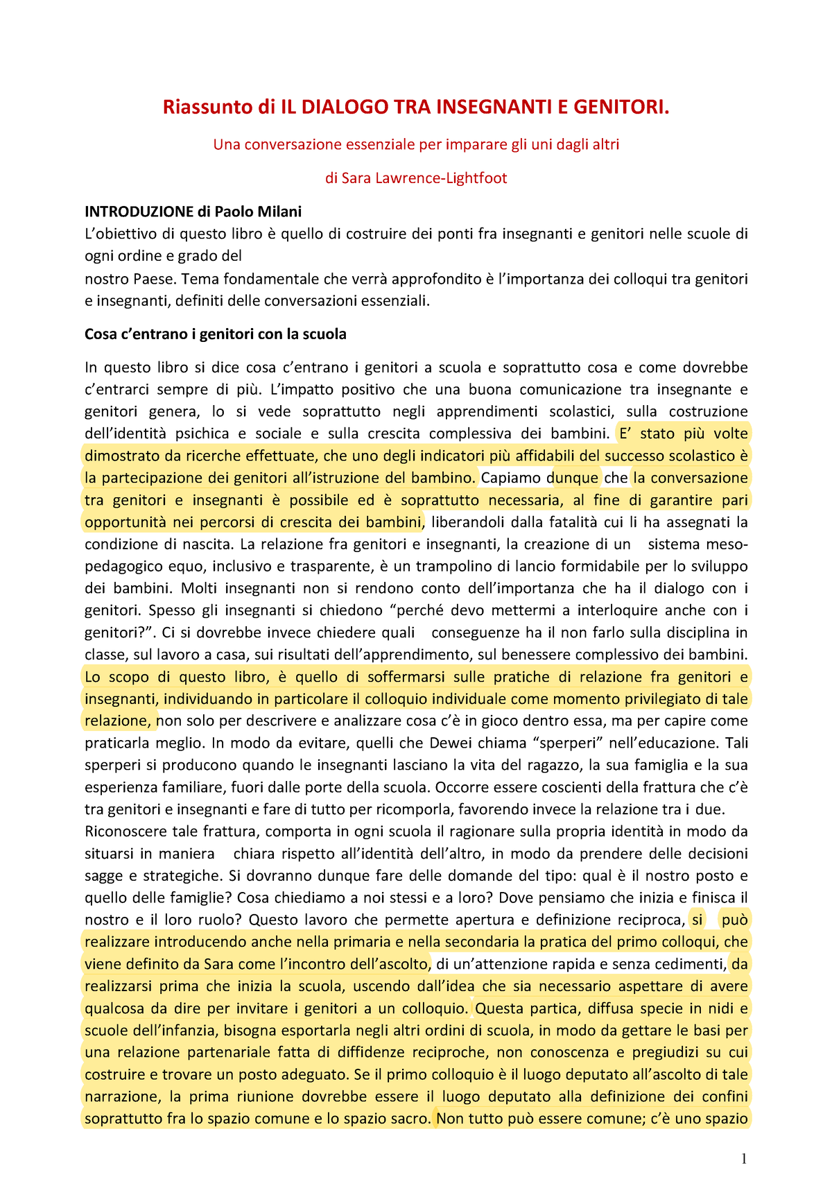 Riassunto Il Dialogo Tra Genitori E Insegnanti Sottolineato Riassunto