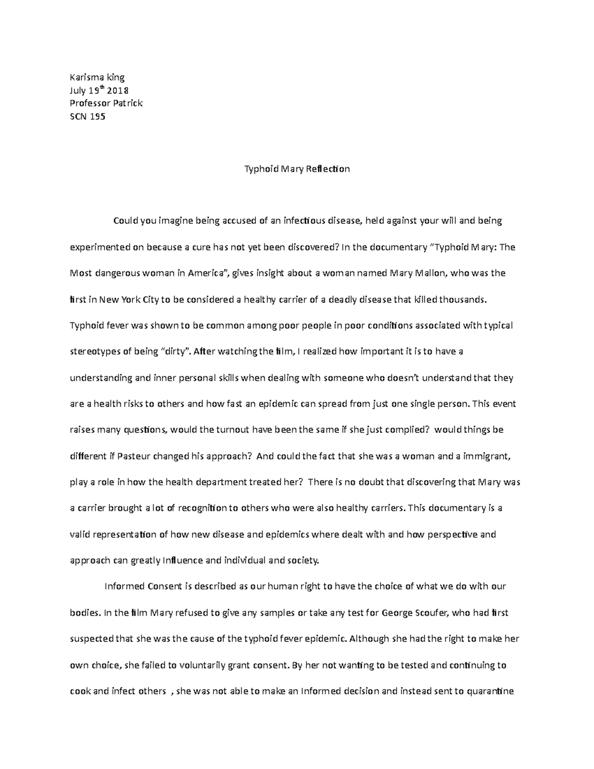Typhoid mary documentary review Karisma king July 19th 2018 Professor