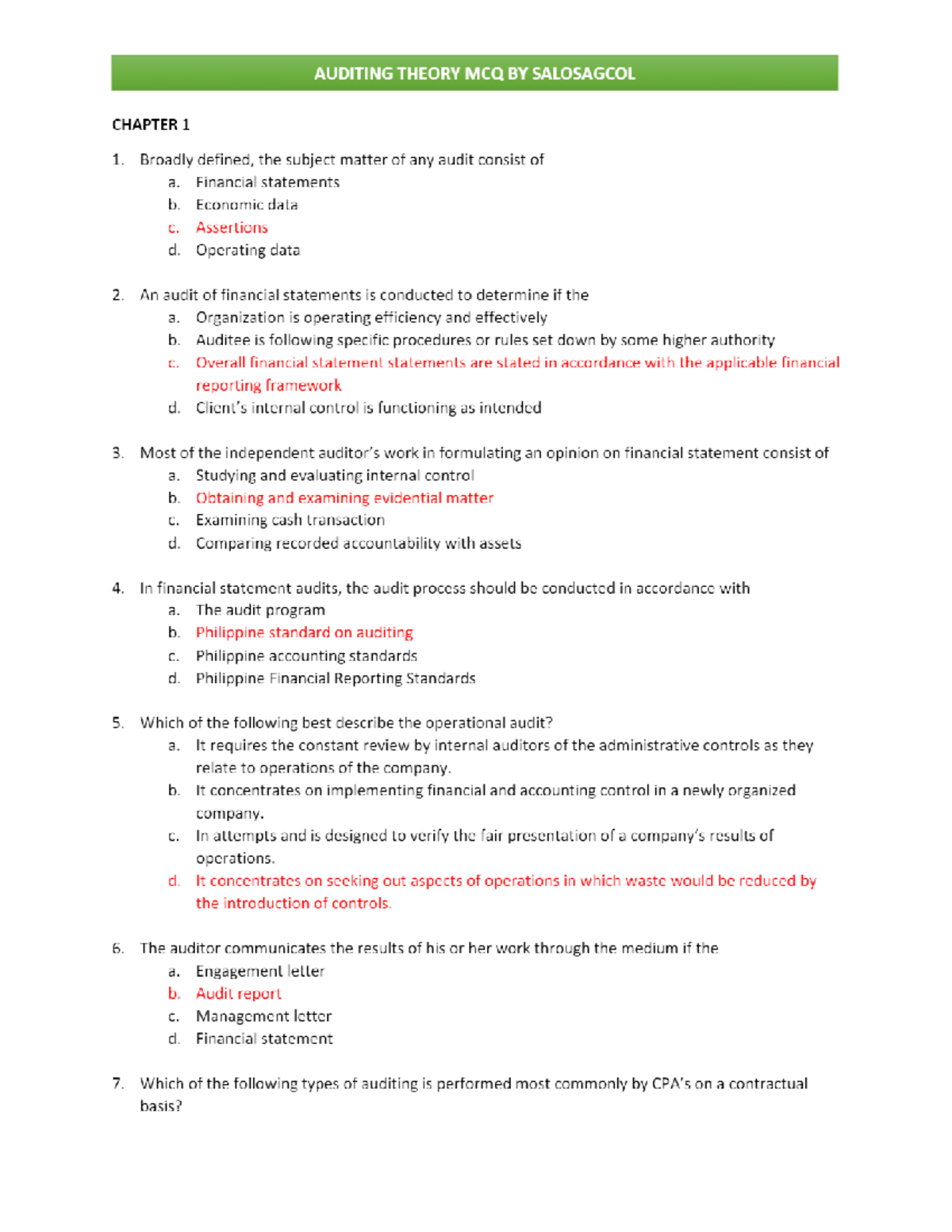 Auditing Theory MCQs By Salosagcol With Answers - Accountancy - Studocu