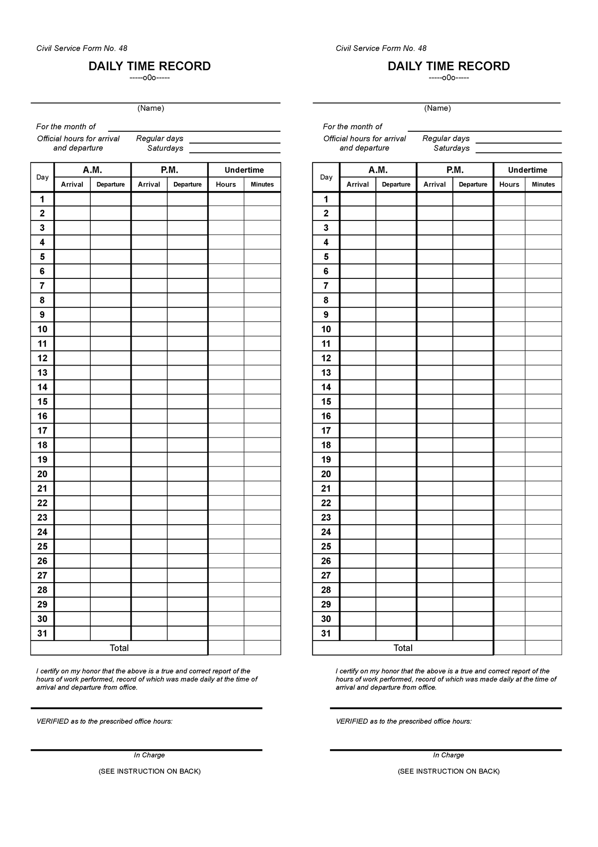 CSC Form 48 Daily Time Record DTR Civil Service Form No 48 DAILY 