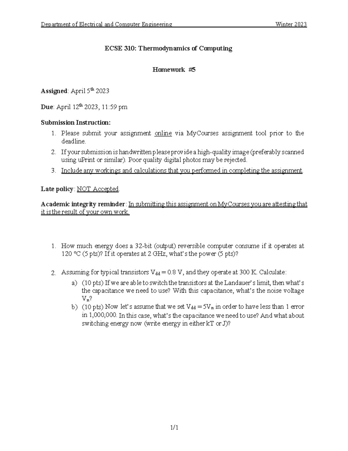 ECSE310 HW5 - Homework 5 - Department Of Electrical And Computer ...