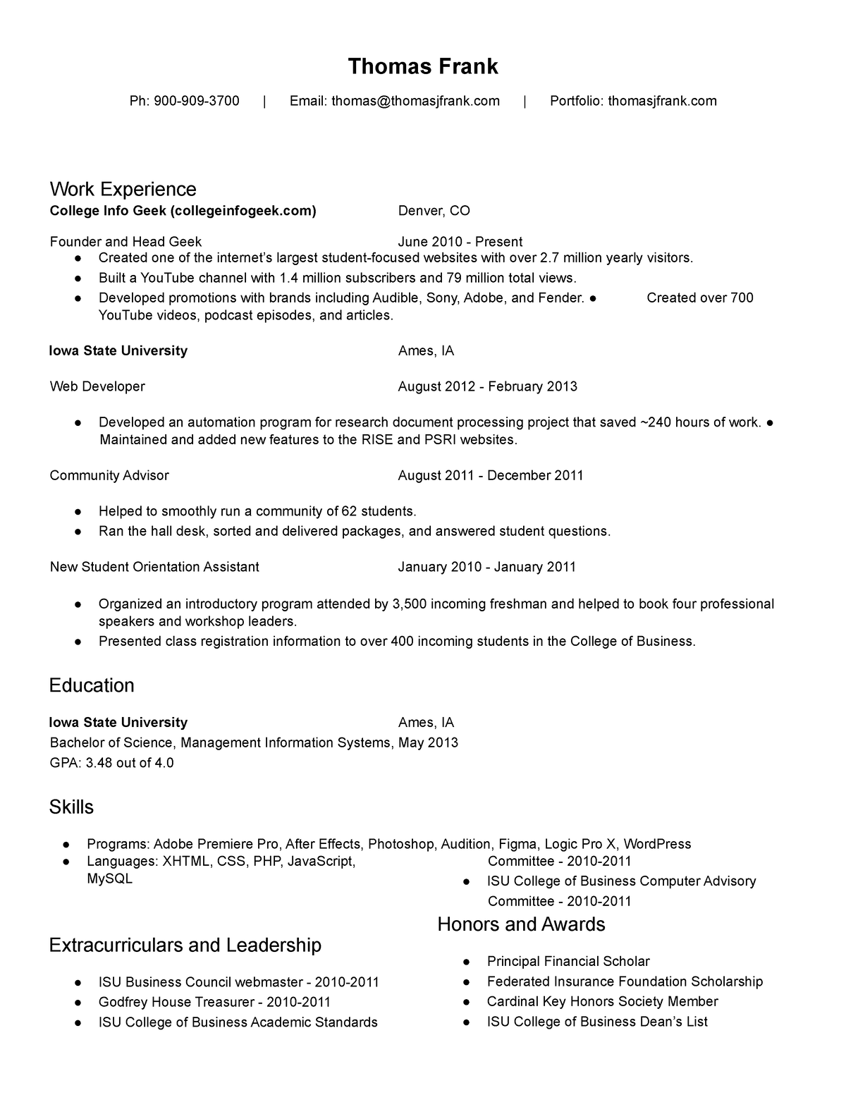 Thomas Frank - Sample Resume - Thomas Frank Ph: 900-909-3700 | Email ...