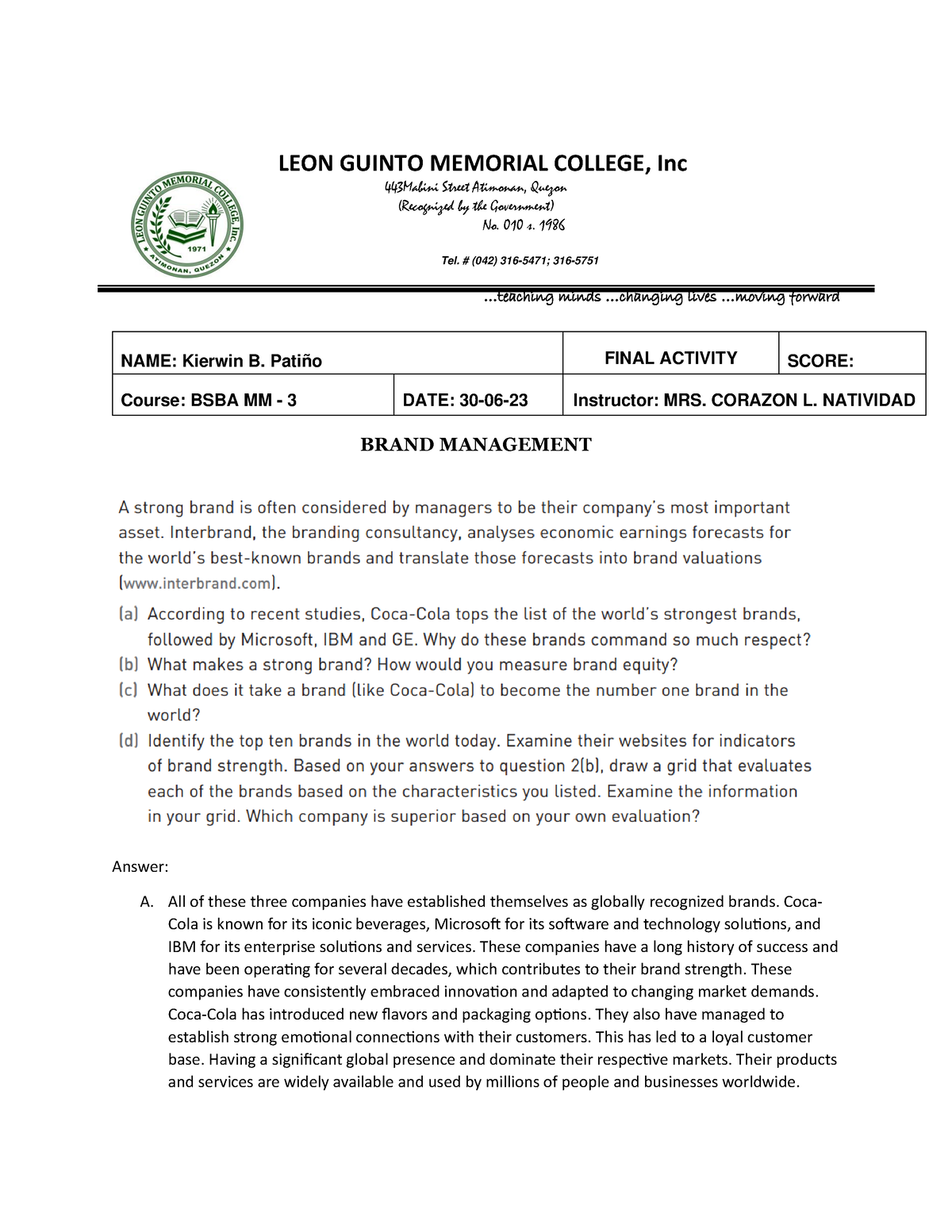 Final-Activity Brand-Management kierwin - LEON GUINTO MEMORIAL COLLEGE ...