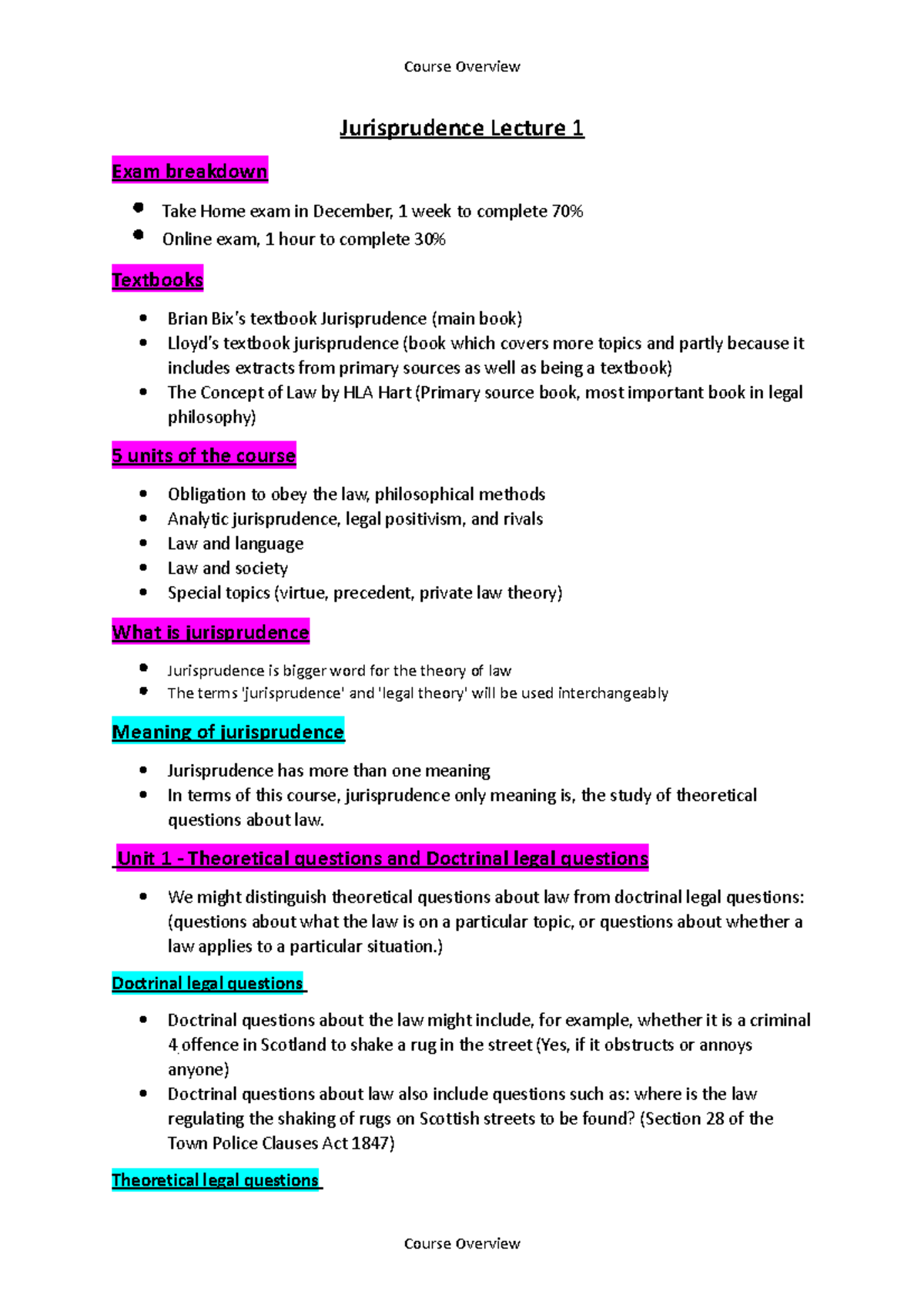 Jurisprudence lecture notes - Course Overview Jurisprudence Lecture 1 ...