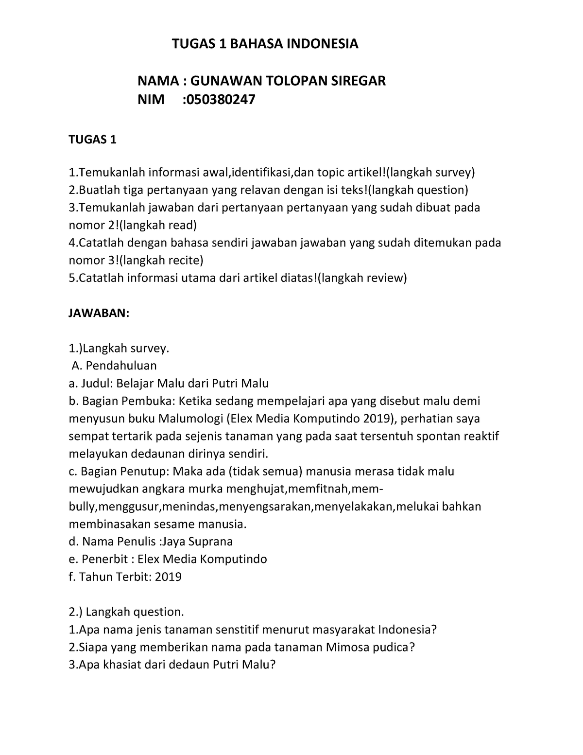 Tugas 1 Bahasa Indonesia - TUGAS 1 BAHASA INDONESIA NAMA : GUNAWAN ...