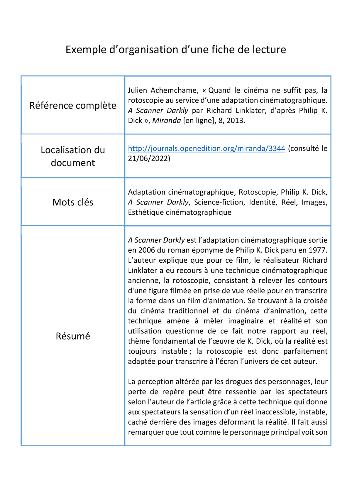 L3C8OBJ4 Exemple Fiche Lecture - Exemple D’organisation D’une Fiche De ...