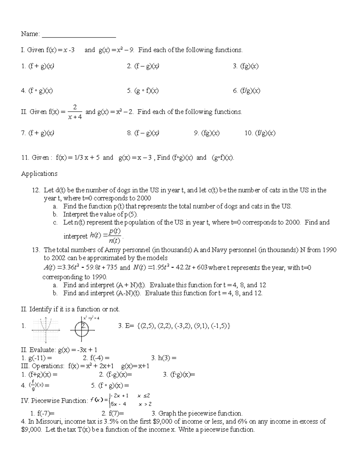 Review function 2 - GENMATH - Name: _____________________ I. Given f( x ...