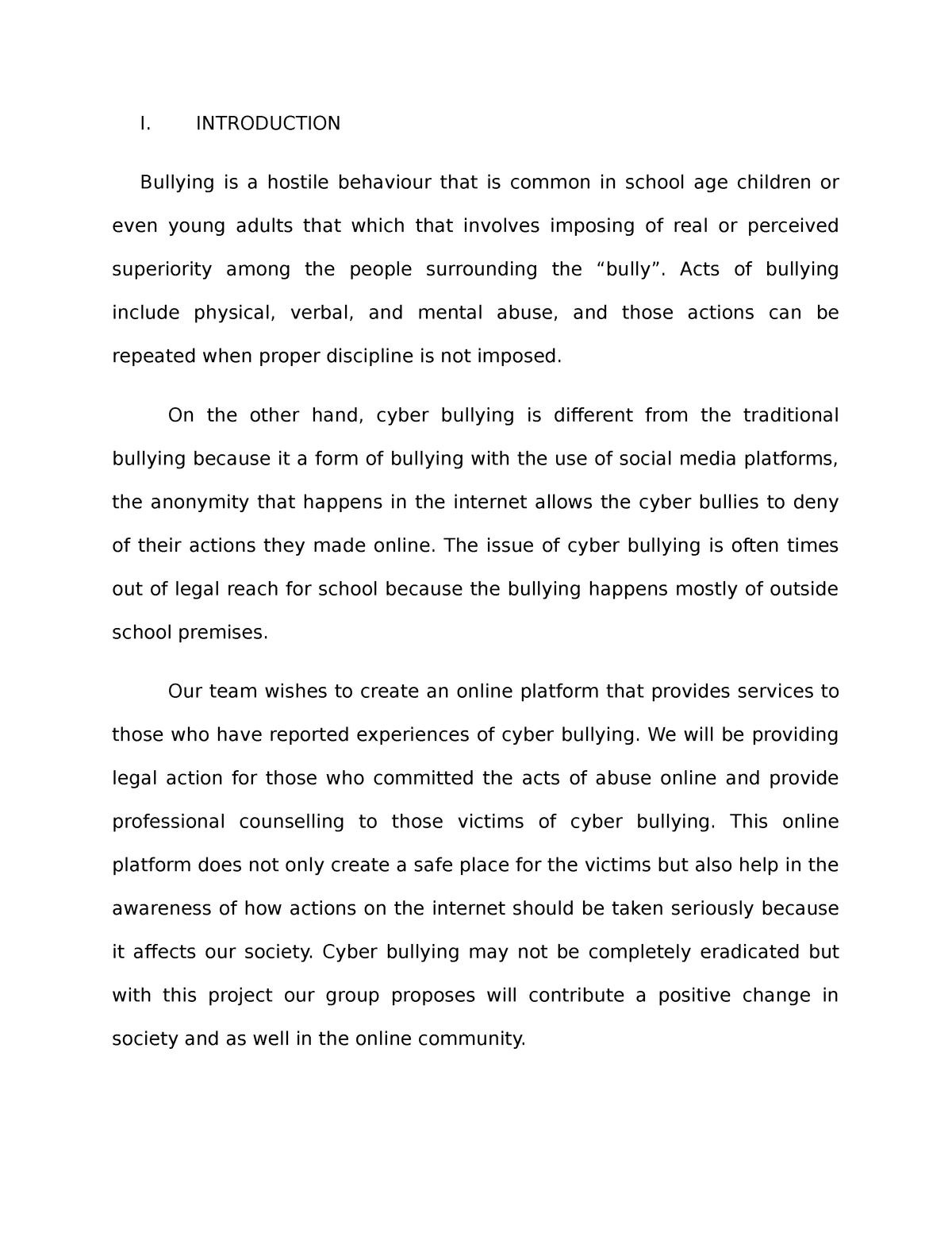 introduction sample for research paper about bullying