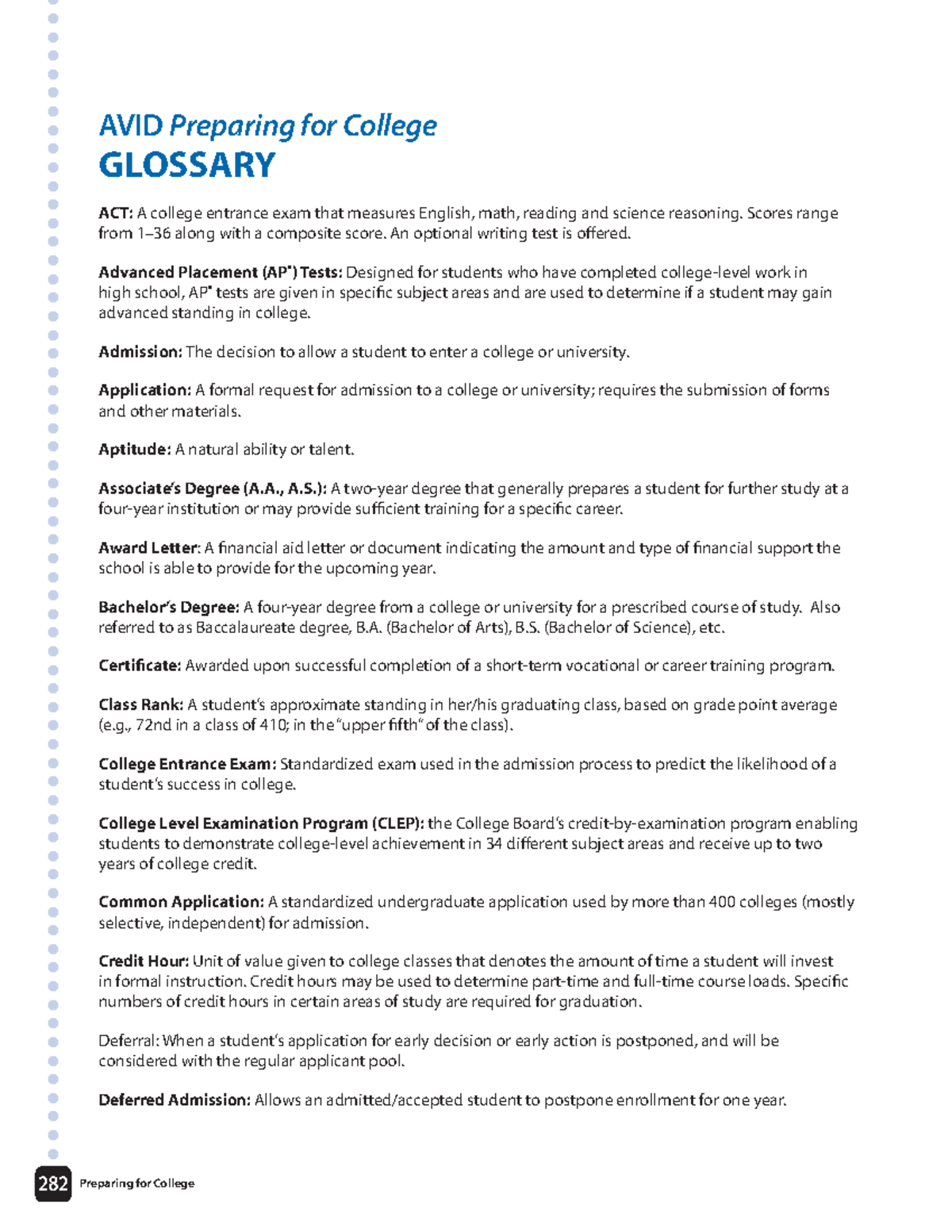 College Glossary - avid notes - 282 Preparing for College AVID ...