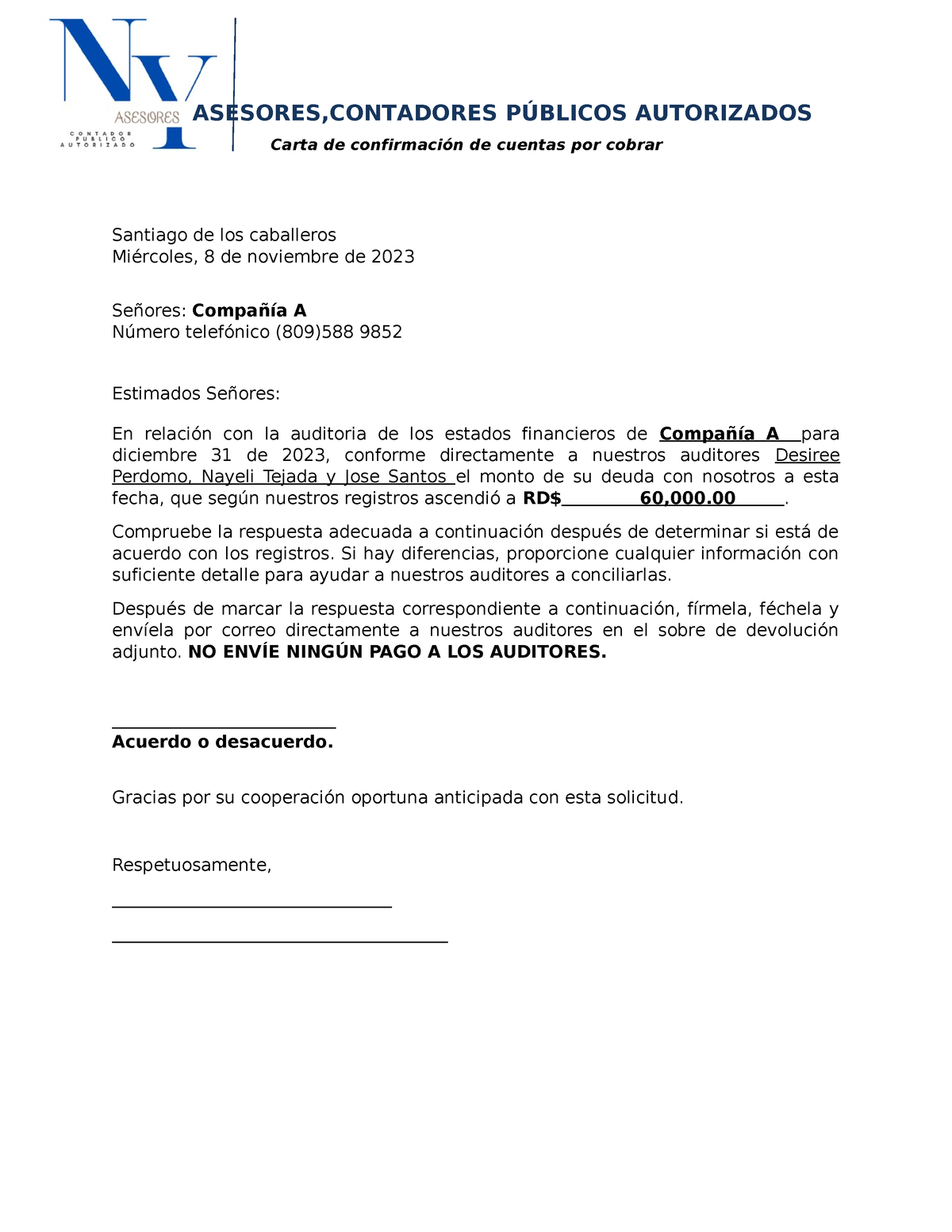 Carta Confirmacia Modelo 2 Carta De Confirmación De Cuentas Por Cobrar Santiago De Los 7937