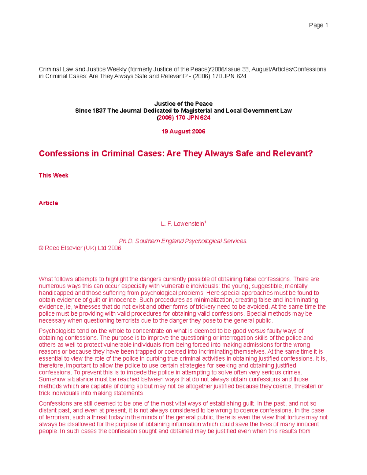 Confessions in Criminal Cases - F. Lowenstein 1 Ph. Southern England ...