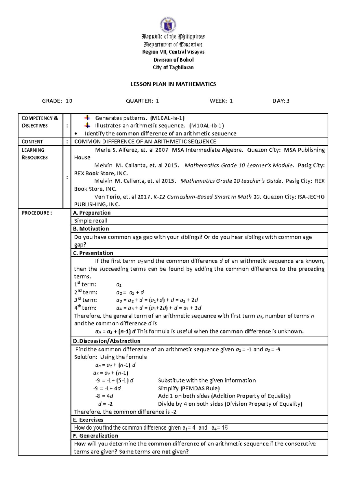 Bohol Math10 Q1 PLP1Day3 v - Republic of the Philippines Department of ...