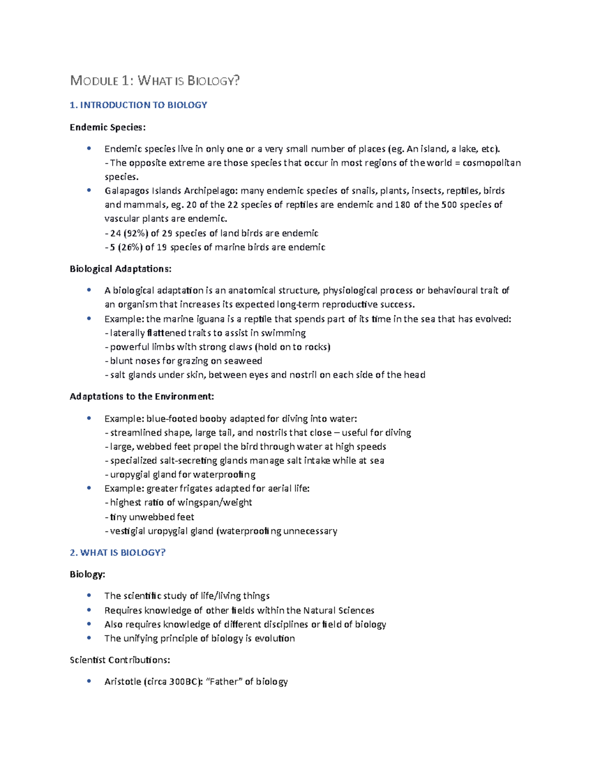Modules 1 and 2 lecture notes - MODULE 1: WHAT IS BIOLOGY? 1 ...