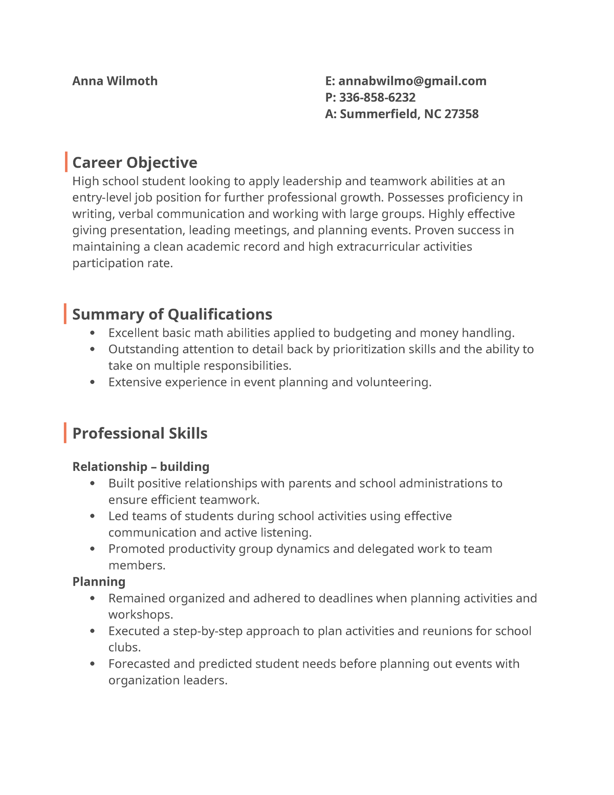 Resume example for job - Anna Wilmoth E: annabwilmo@gmail P: 336-858- A ...
