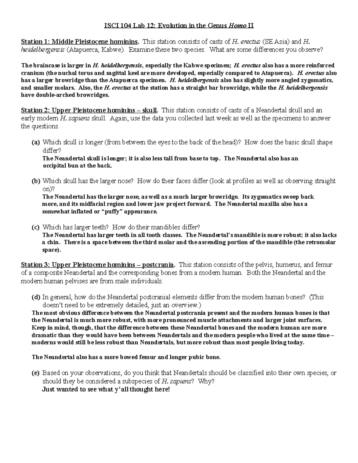 ISCI 104 Lab 12 Later Evolution Genus Homo Sample Answers Updated Fall ...