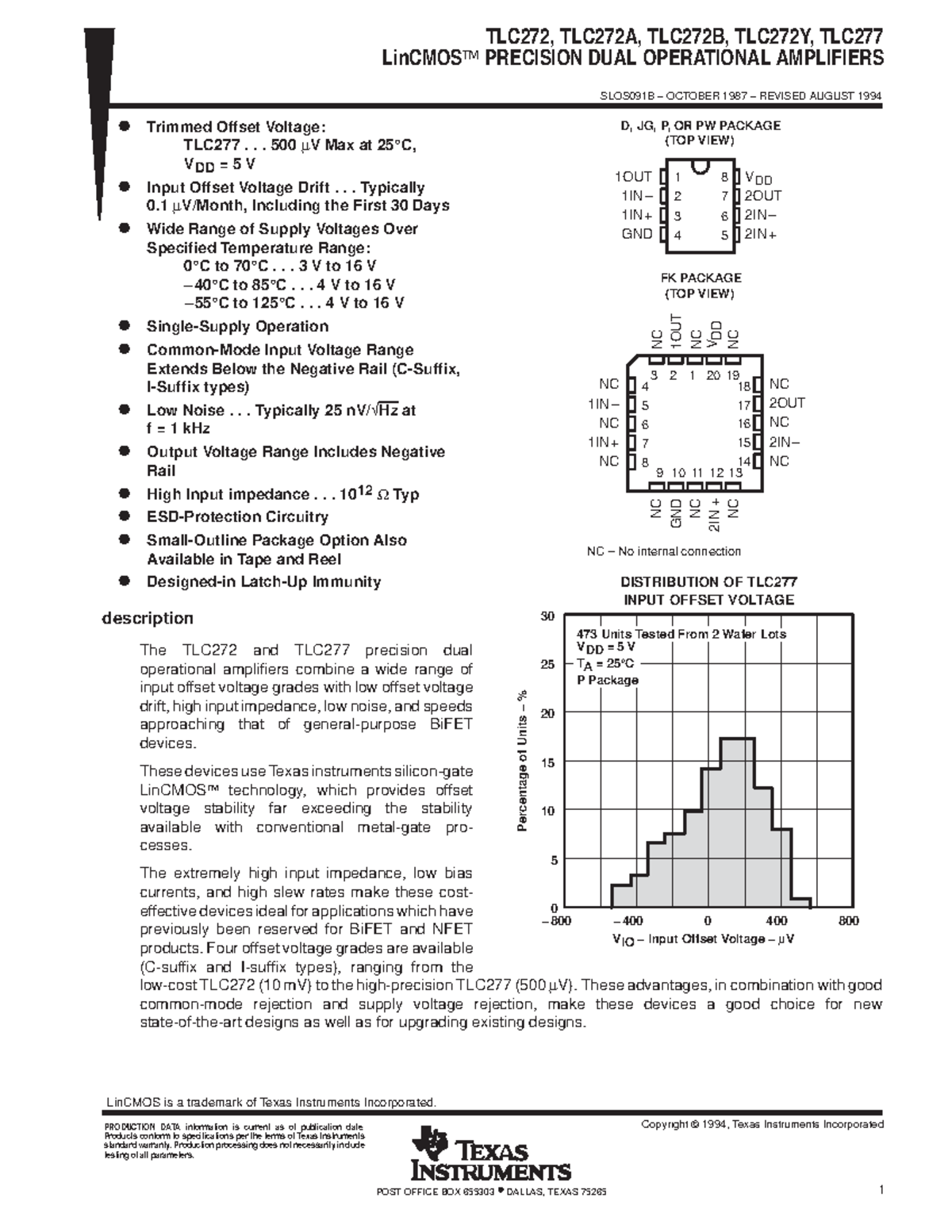 TLC272-277 - Datasheet - LinCMOS PRECISION DUAL OPERATIONAL AMPLIFIERS ...