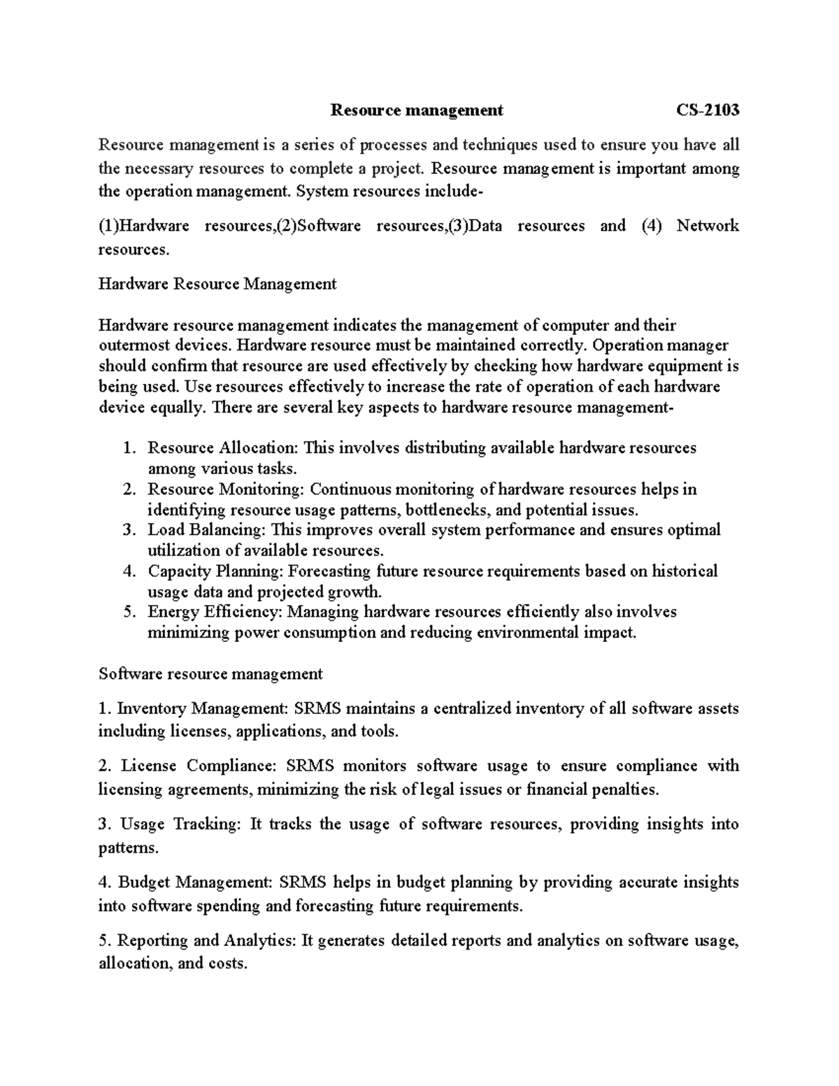 Resource management - briefly lecture - Resource management CS ...