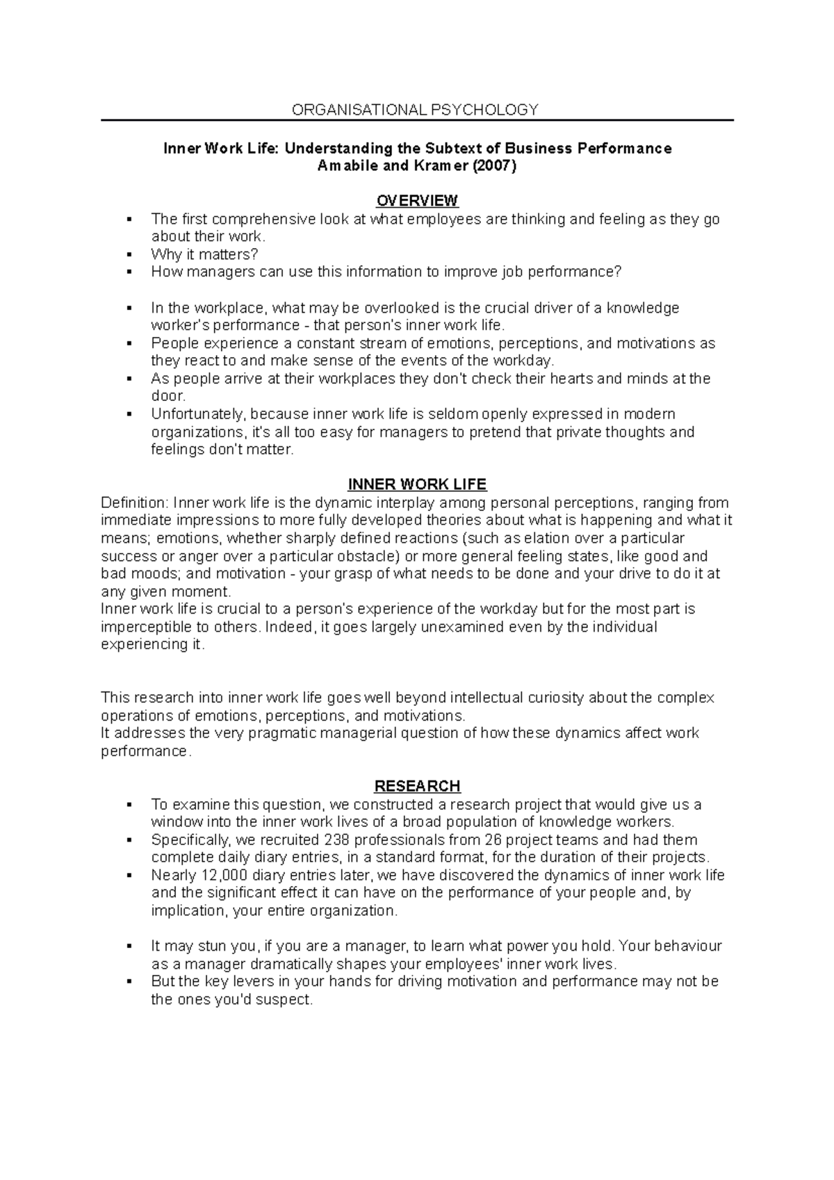 Inner work life organisational notes - ORGANISATIONAL PSYCHOLOGY Inner ...