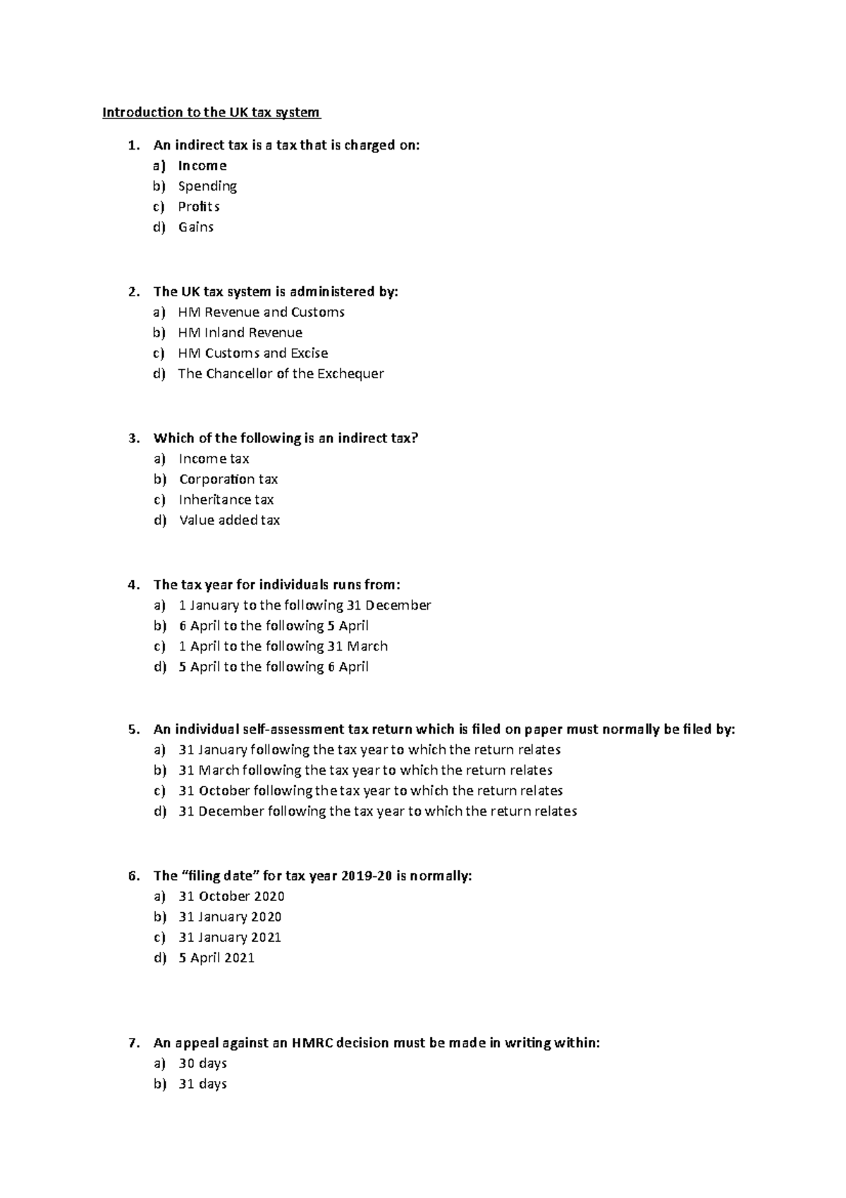 MCQ Questions Taxation Introduction To The UK Tax System An Indirect 