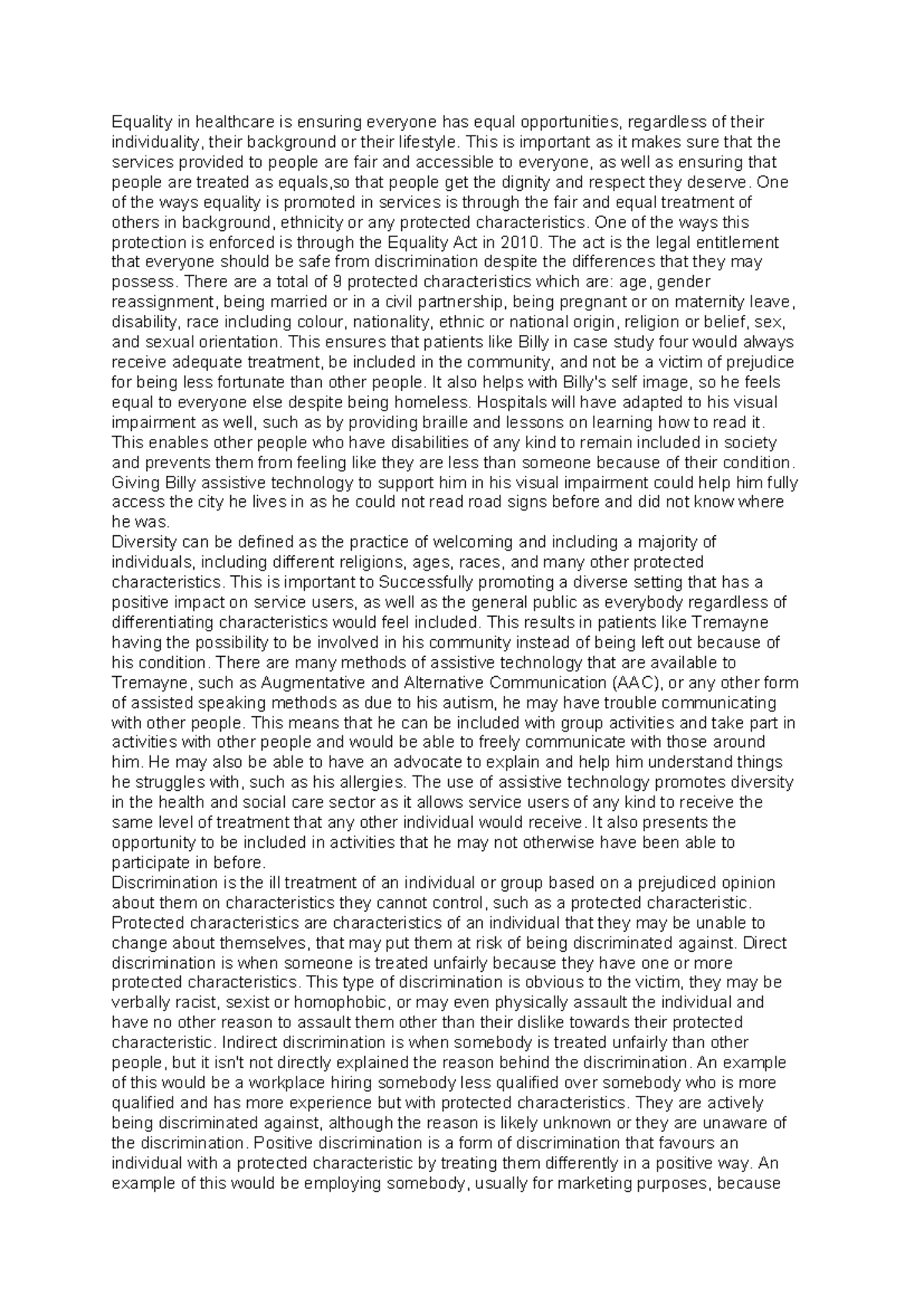 Unit 5 Task 1- btec HSC - Equality in healthcare is ensuring everyone ...