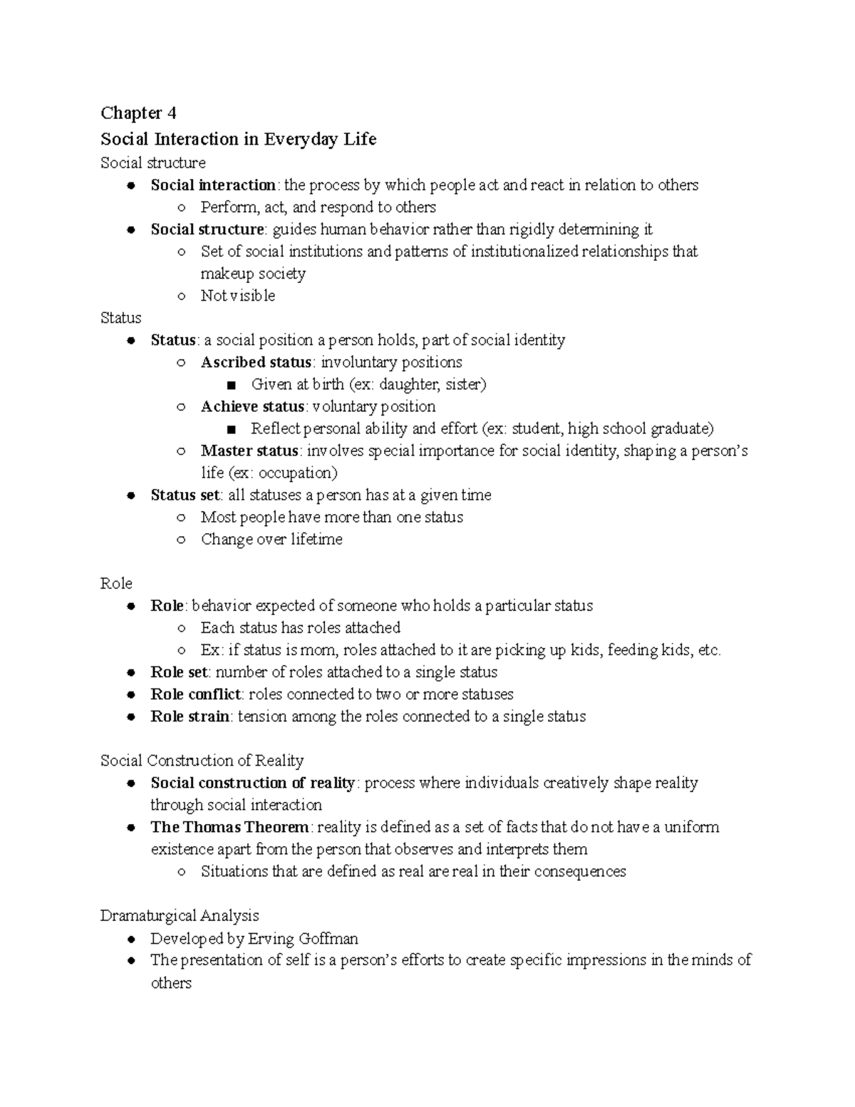 Sociology Notes Chapter 4 - Chapter 4 Social Interaction In Everyday ...