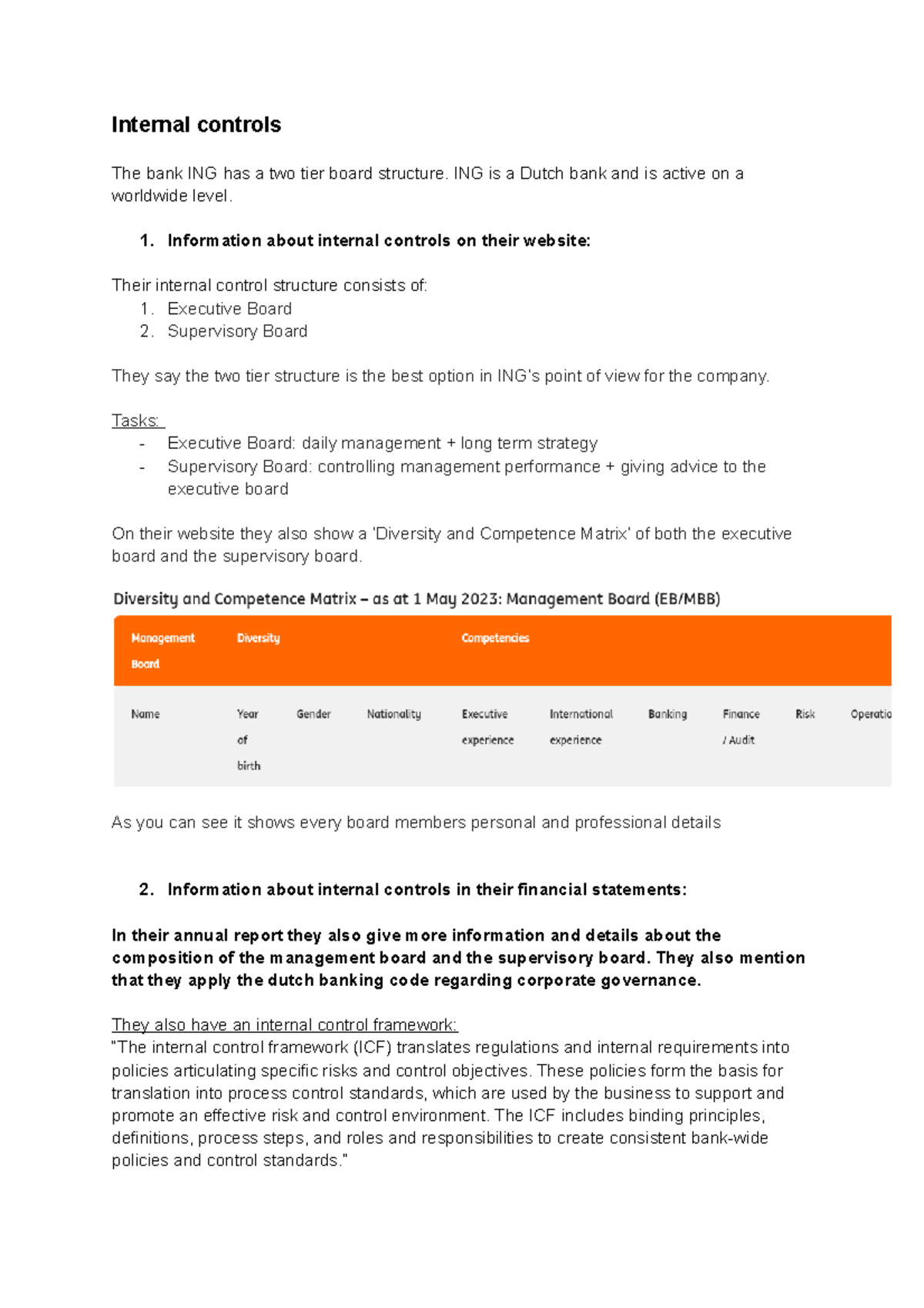 Task internal controls - Internal controls The bank ING has a two tier ...