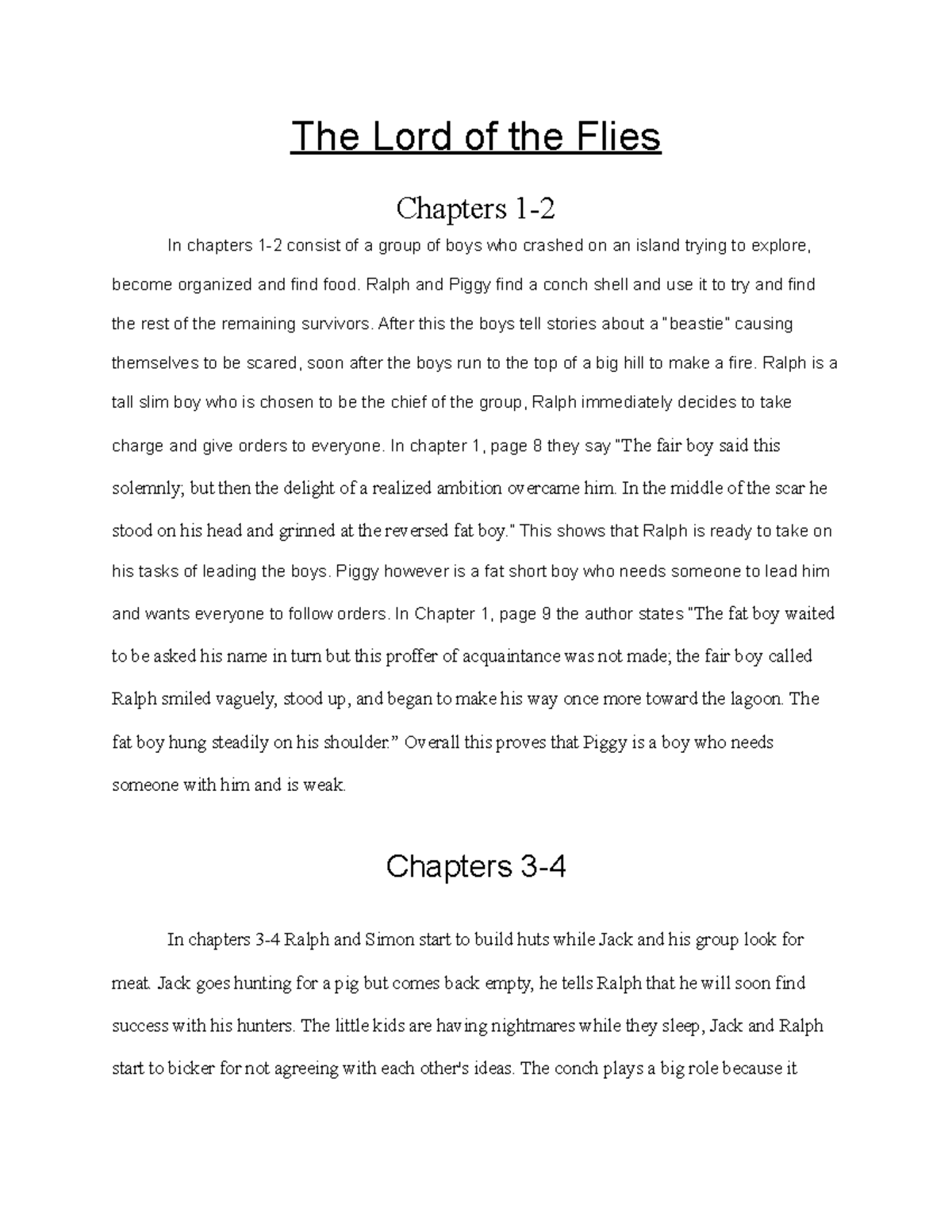 Brayden Truesdell - LOTF Writing Tasks - The Lord of the Flies Chapters