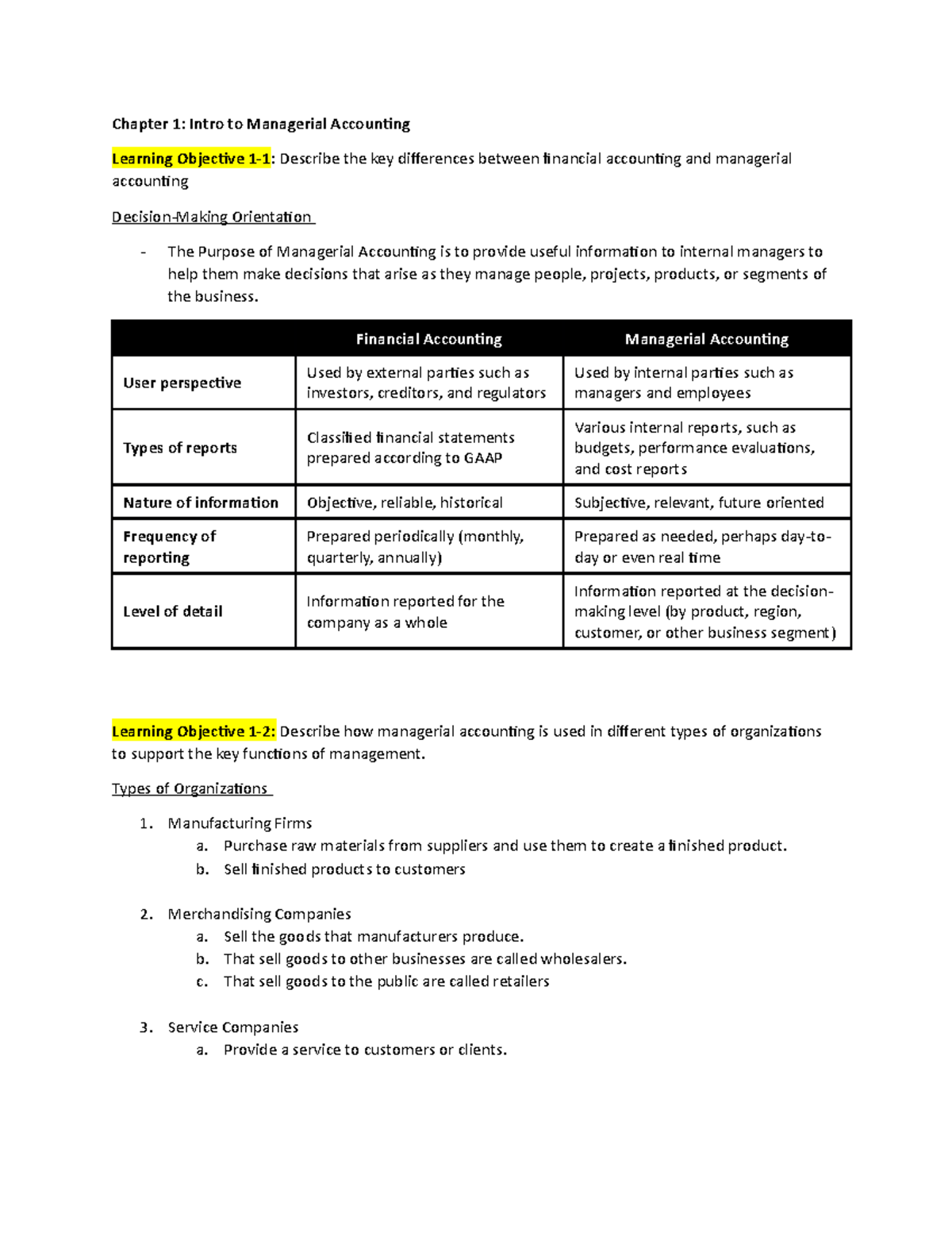 Chapter 1 Notes Accounting - Chapter 1: Intro to Managerial Accounting ...