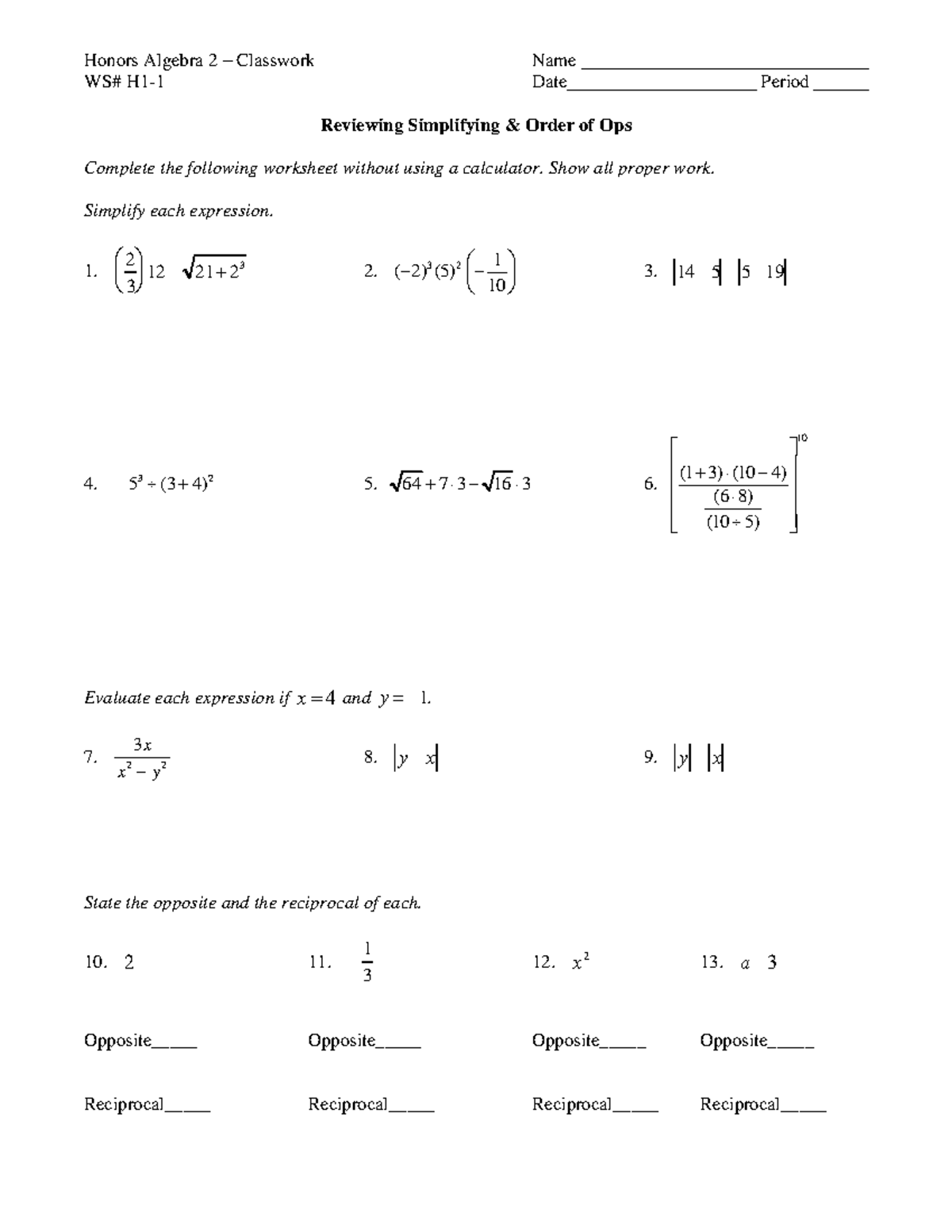 H1-1 Reviewing Simplifying and Order of Ops CW - Honors Algebra 2 ...