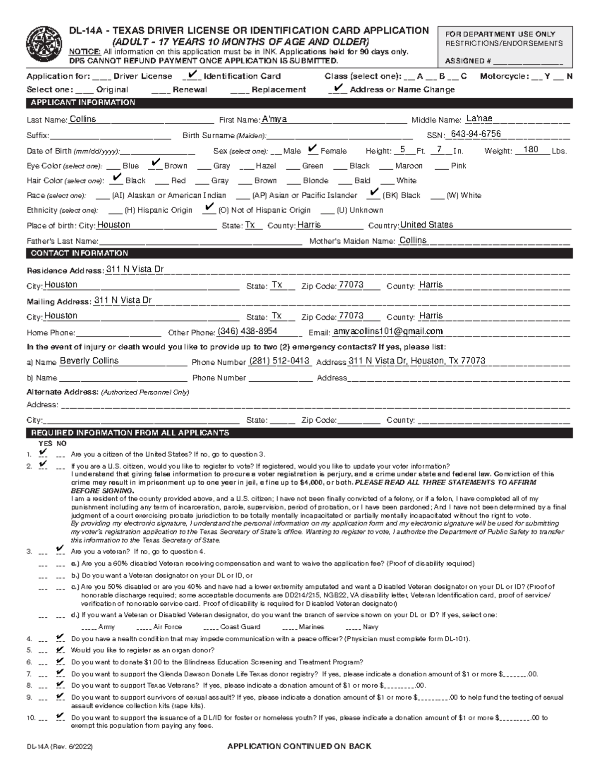 DL-14a - dl 456 - DL-14A (Rev. 6/2022) DL-14A - TEXAS DRIVER LICENSE OR ...