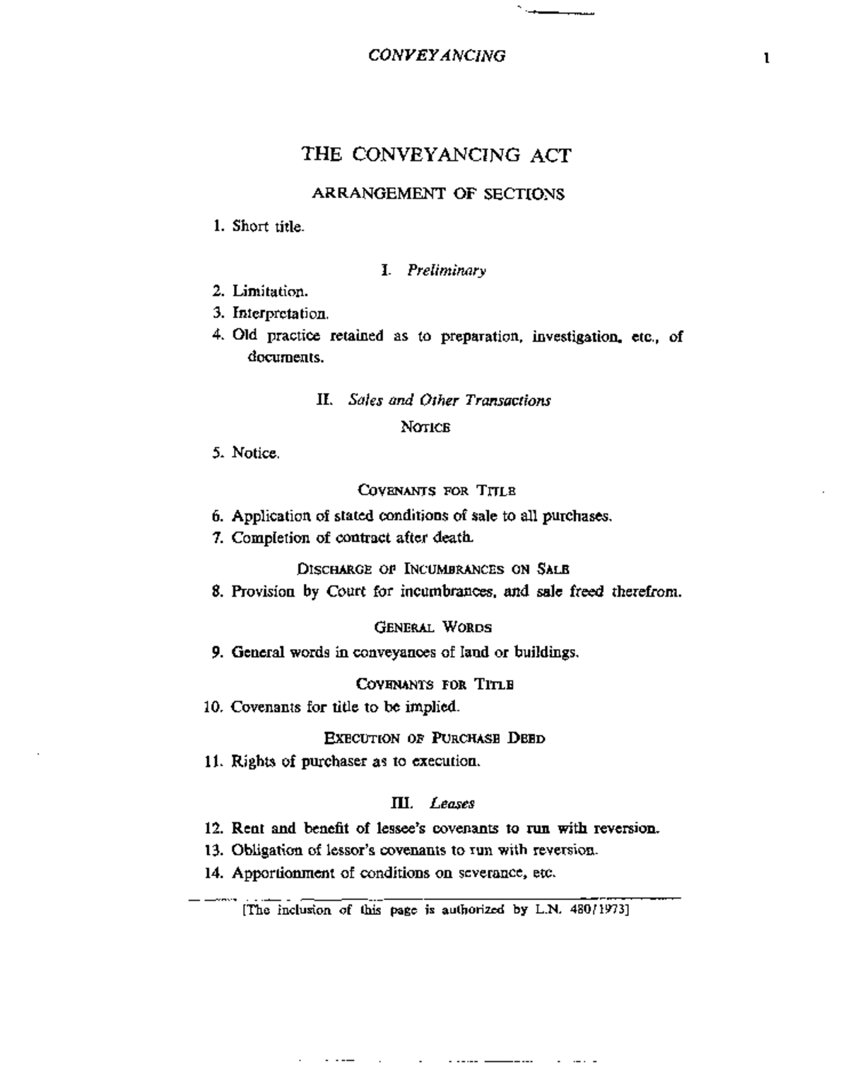 TheConveyancingAct THE CONVEYANCING ACT 1 ARRANGEMENT OF SECTIONS
