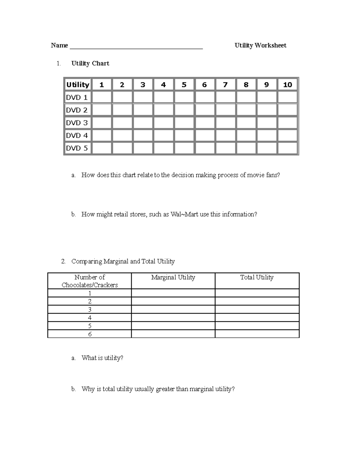 Utility Worksheet - Economics One - Name ...