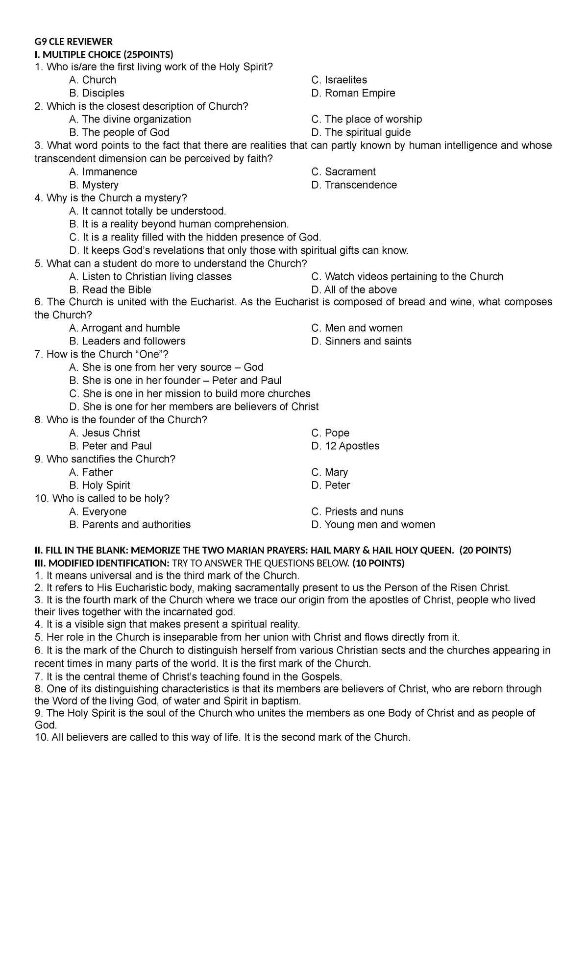 G9-CLE- Reviewer - G9 CLE REVIEWER I. MULTIPLE CHOICE (25POINTS) Who is ...