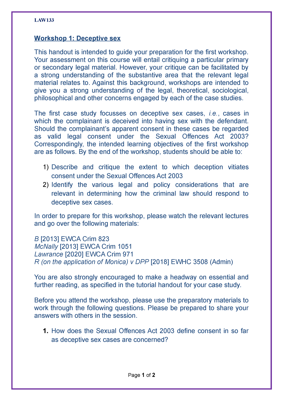 133 Workshop 1 Deceptive Sex Law Workshop 1 Deceptive Sex This Handout Is Intended To