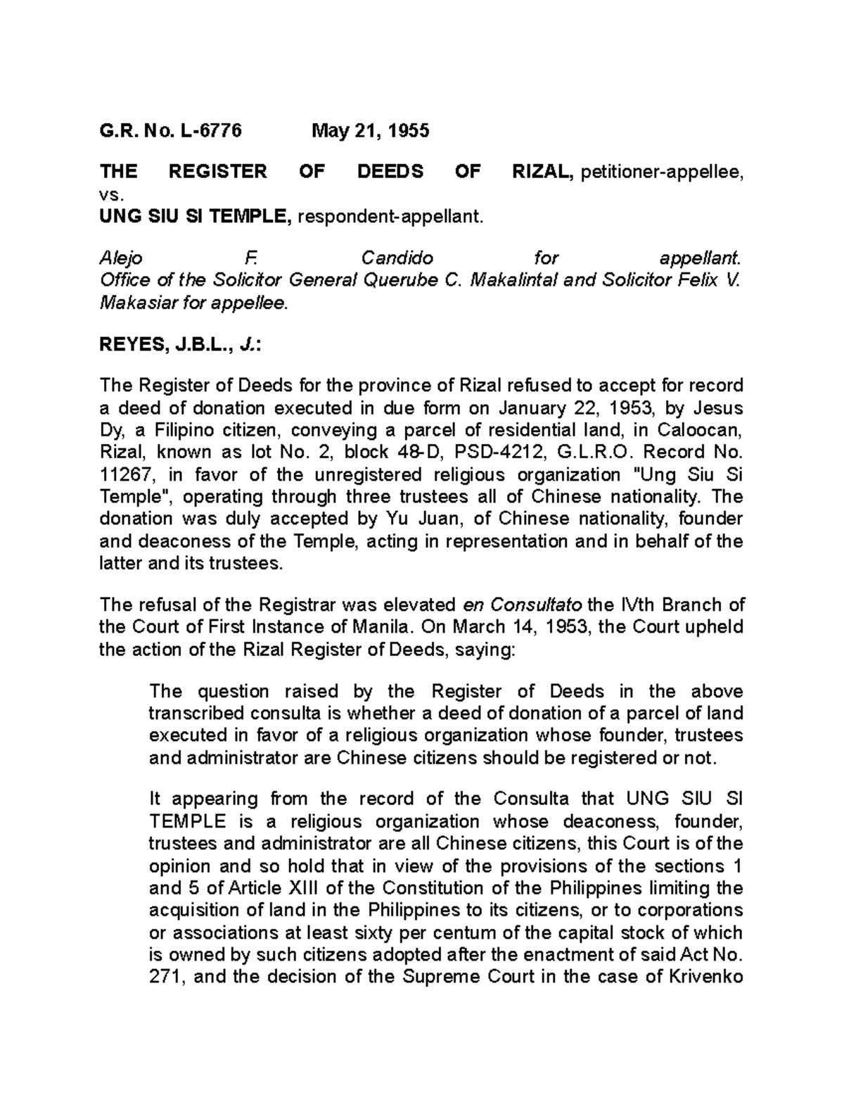 Register of Deeds Rizal v. Ung Sui Si Temple G. No. L6776 May 21