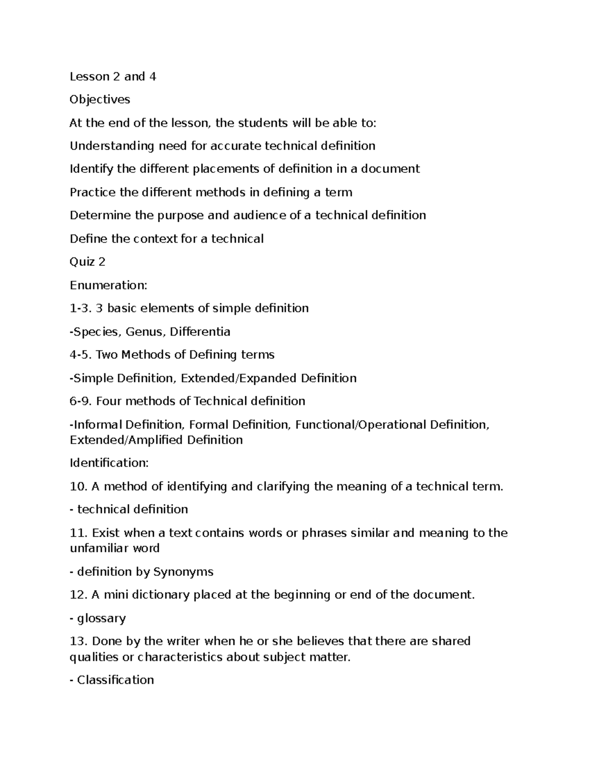 AT-QUIZ - Lecture notes - Lesson 2 and 4 Objectives At the end of the ...