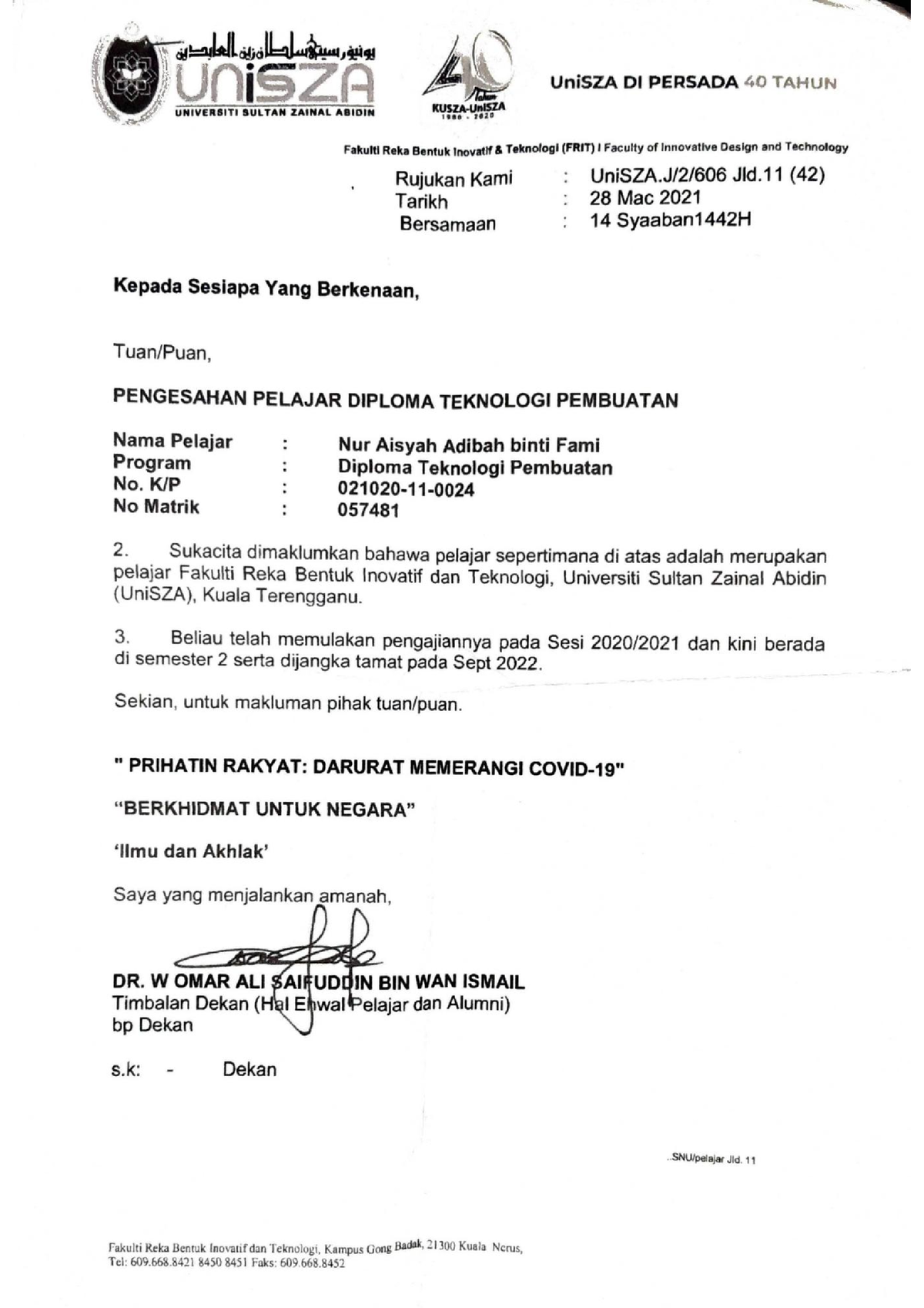 Surat Pengesahan Pengajian - Diploma in Food Technology - UiTM - Studocu