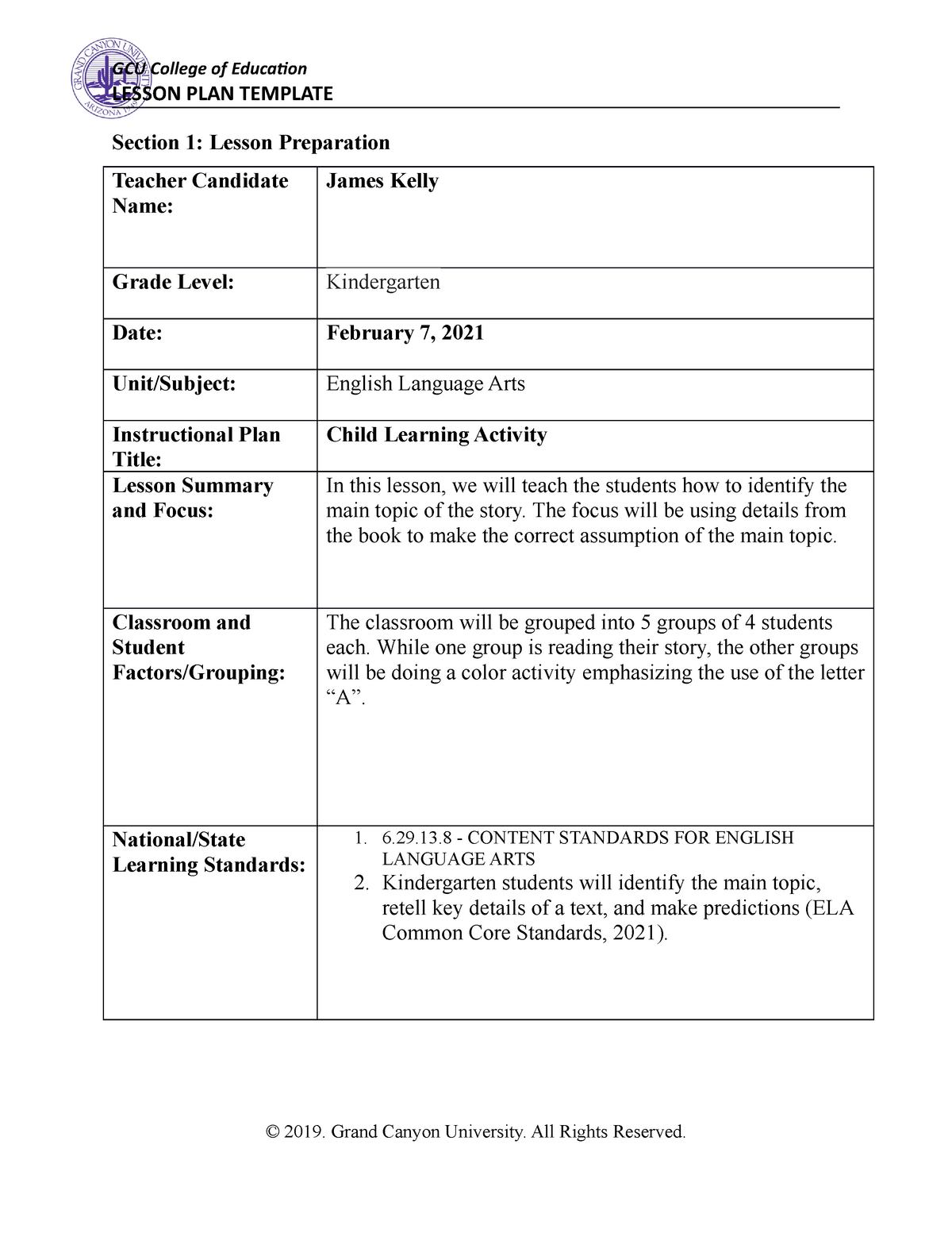 Coe Lesson Plan LESSON PLAN TEMPLATE Section 1 Lesson Preparation Teacher Candidate Name 