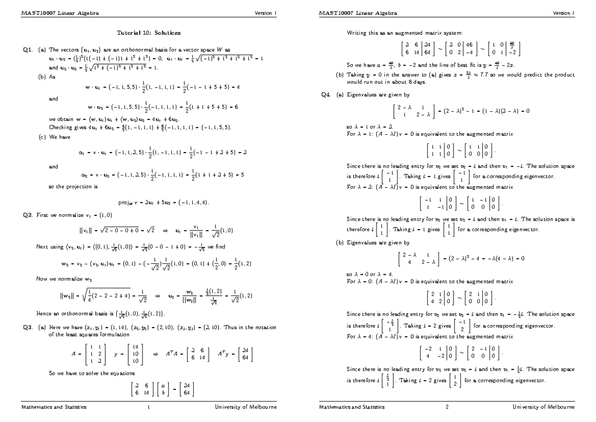 T10solutions - prac - MAST10007 Linear Algebra Version 1 Tutorial 10 ...