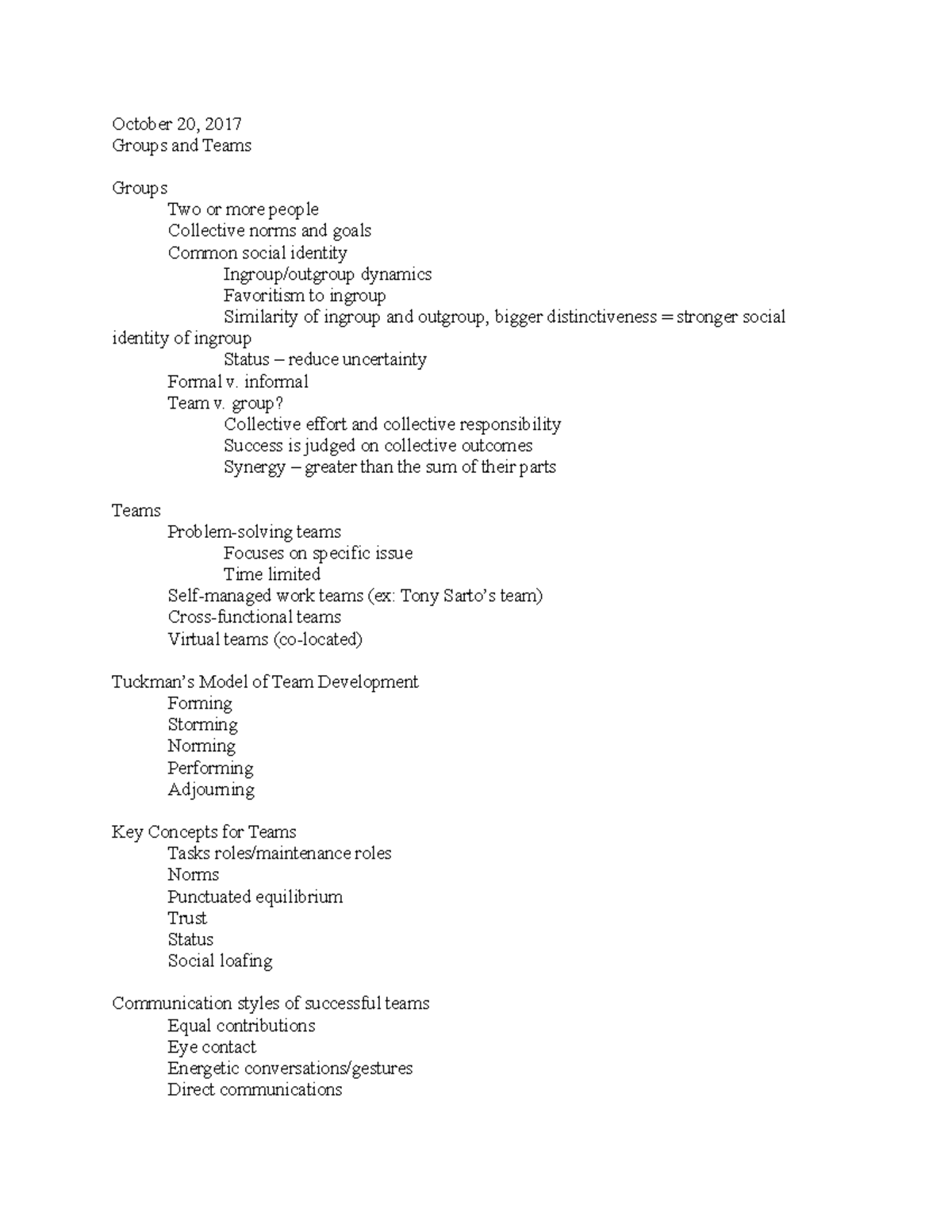 10.20.17 notes - October 20, 2017 Groups and Teams Groups Two or more ...